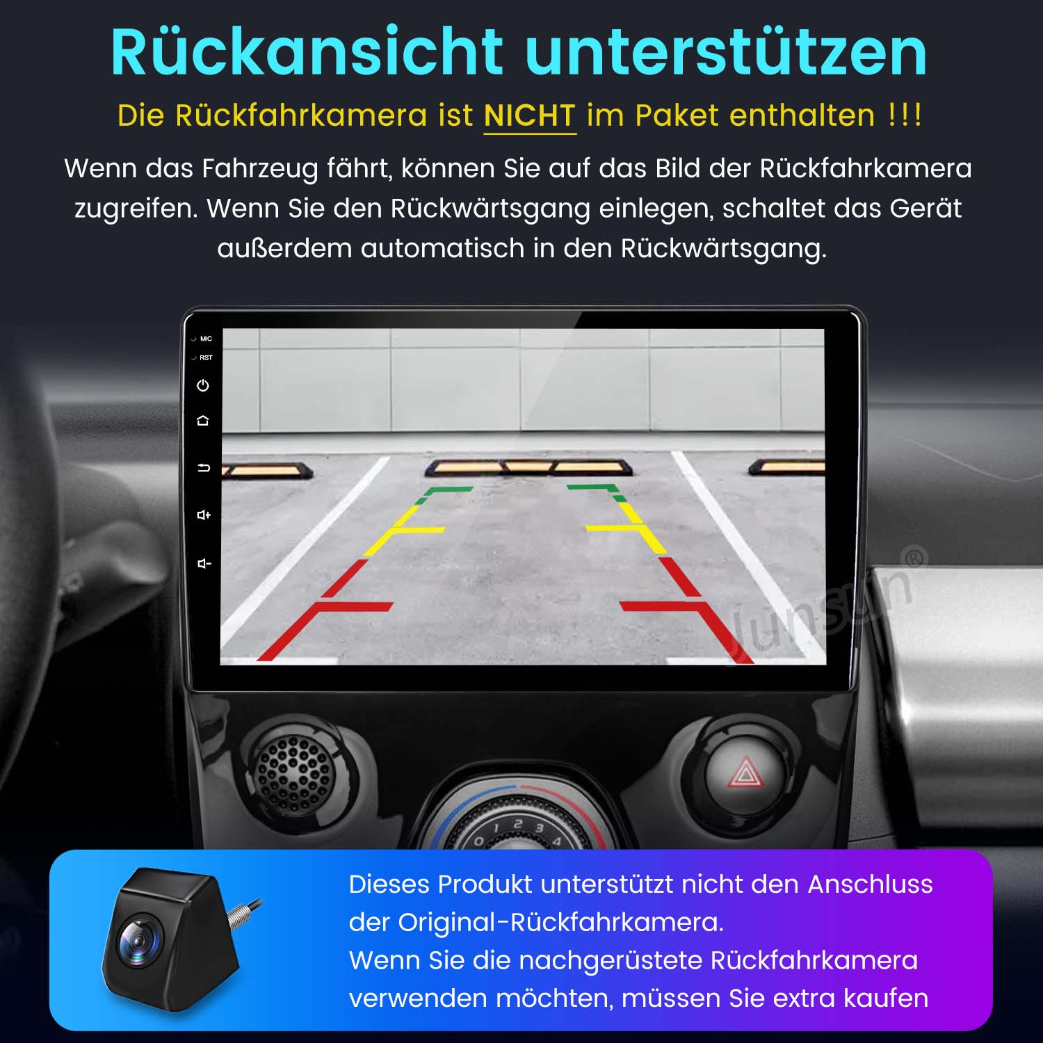 Autoradio-Oberfläche, die die Rückfahrkamerabild zeigt. Der Bildschirm zeigt die Parklinien. Der Hintergrund ist ein Auto-Innenraum.