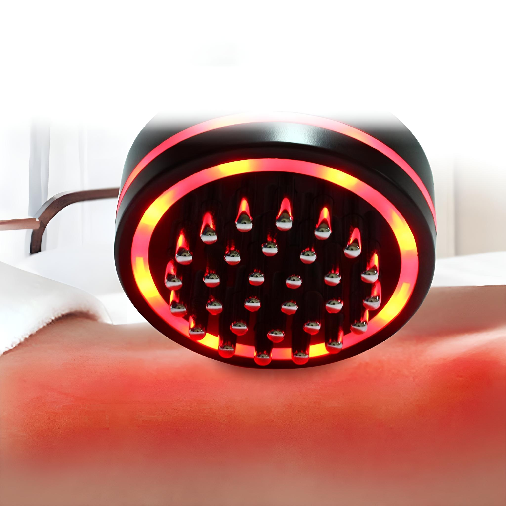 Gerät zur Rotlichttherapie. Das Gerät ist schwarz und emittiert rotes Licht.