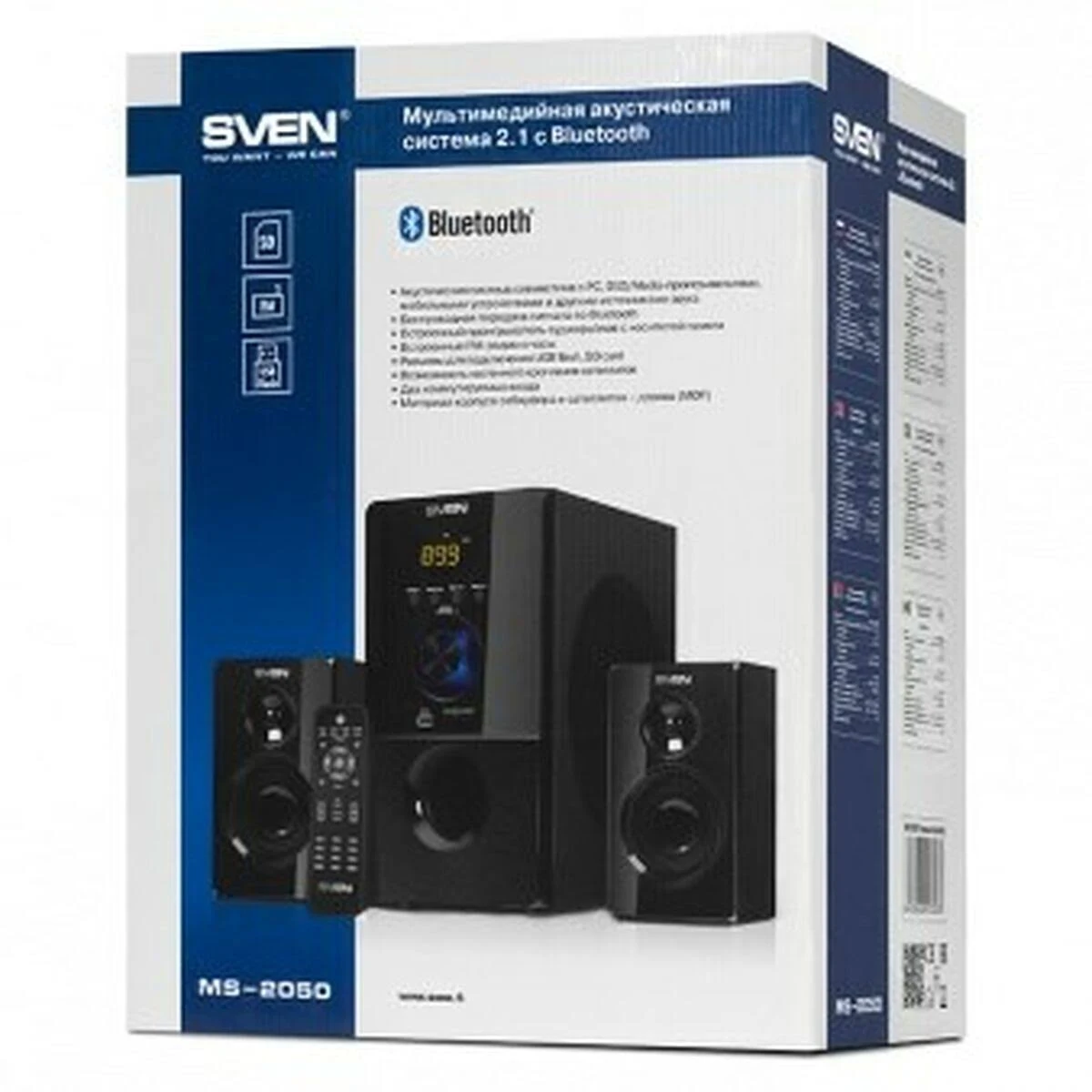Sven-Lautsprechersystem-Box. Es hat einen Subwoofer, zwei Lautsprecher und eine Fernbedienung.