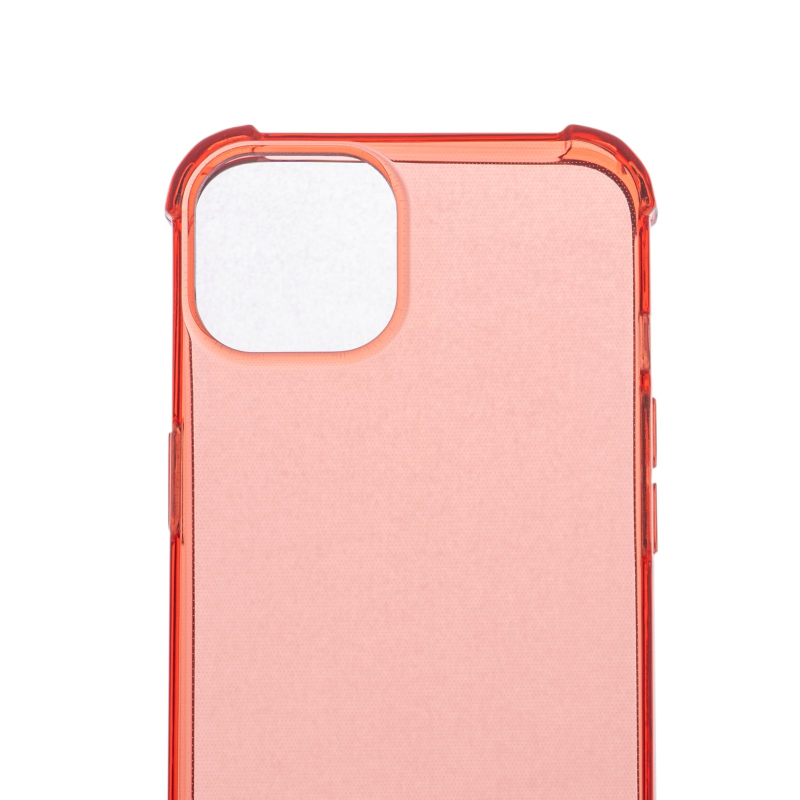 Primer plano de una funda roja para teléfono con el recorte de la cámara visible. La funda está sobre un fondo blanco.