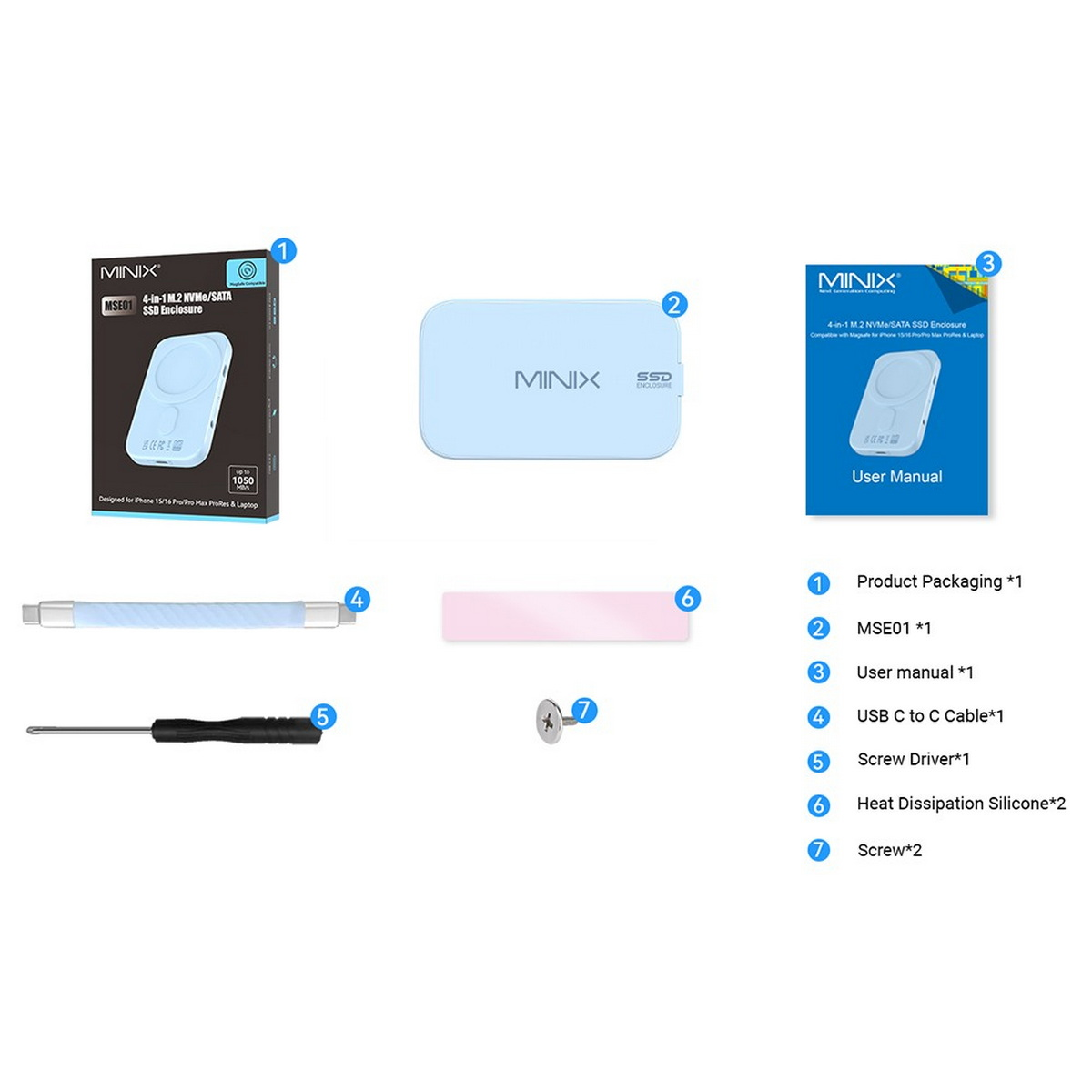 Verschiedene Artikel: Produktverpackung, Ladegerät, Benutzerhandbuch, Kabel, Schraubendreher und Silikon.