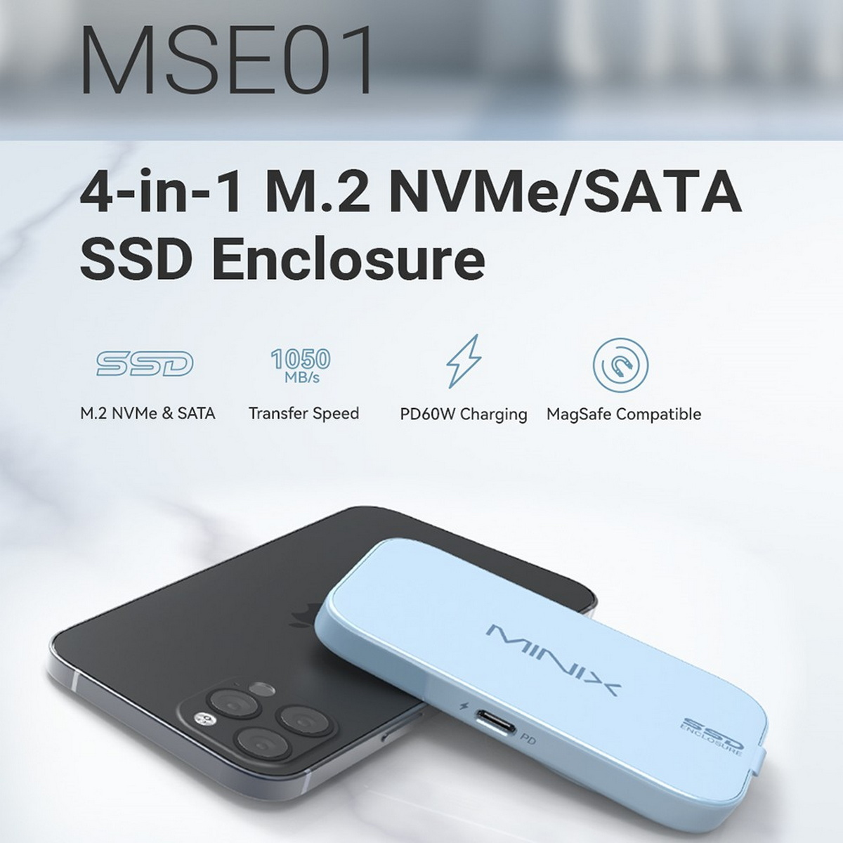 Schwarzes Telefon und blaues SSD-Gehäuse. Text: 4-in-1 M.2 NVMe/SATA SSD-Gehäuse.