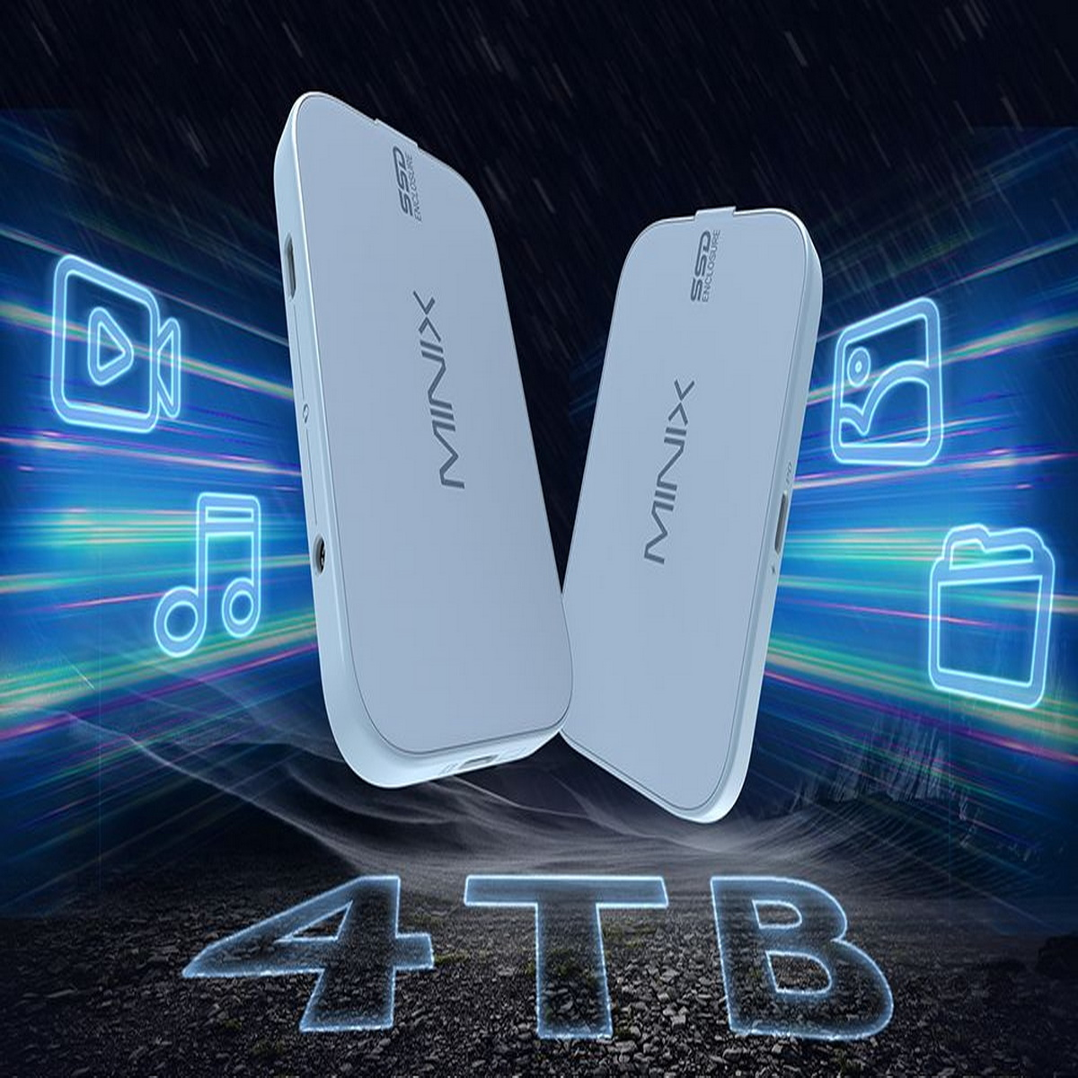 Zwei weiße MINIX SSD-Gehäuse mit schwebenden Symbolen und einem 4TB-Text im Hintergrund.