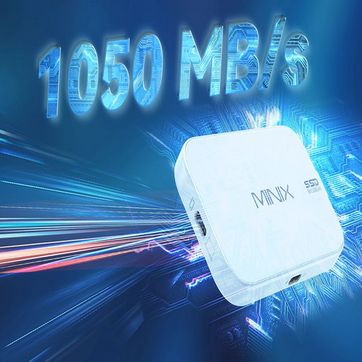 Weißes SSD-Gehäuse mit blauen Linien und Text: 1050 MB/s. Das Gehäuse leuchtet.