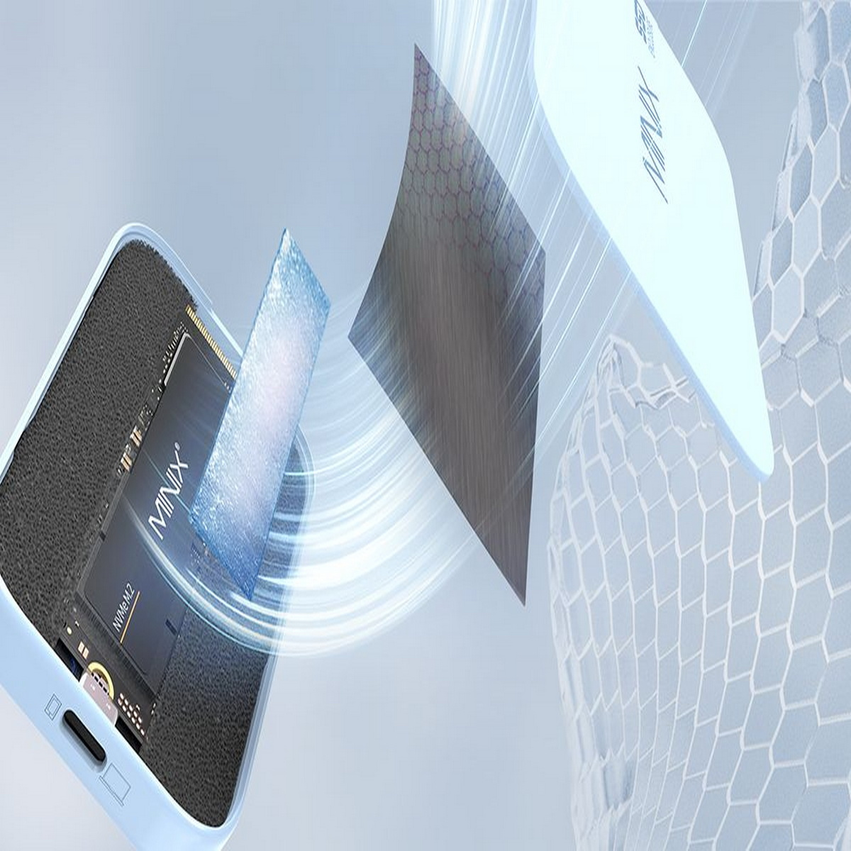 SSD in einem hellblauen Gehäuse, mit Schichten und einem Wabenhintergrund.