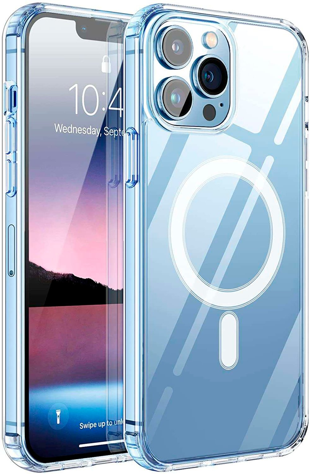 Funda transparente para teléfono con un teléfono dentro. El teléfono muestra la hora y la fecha.