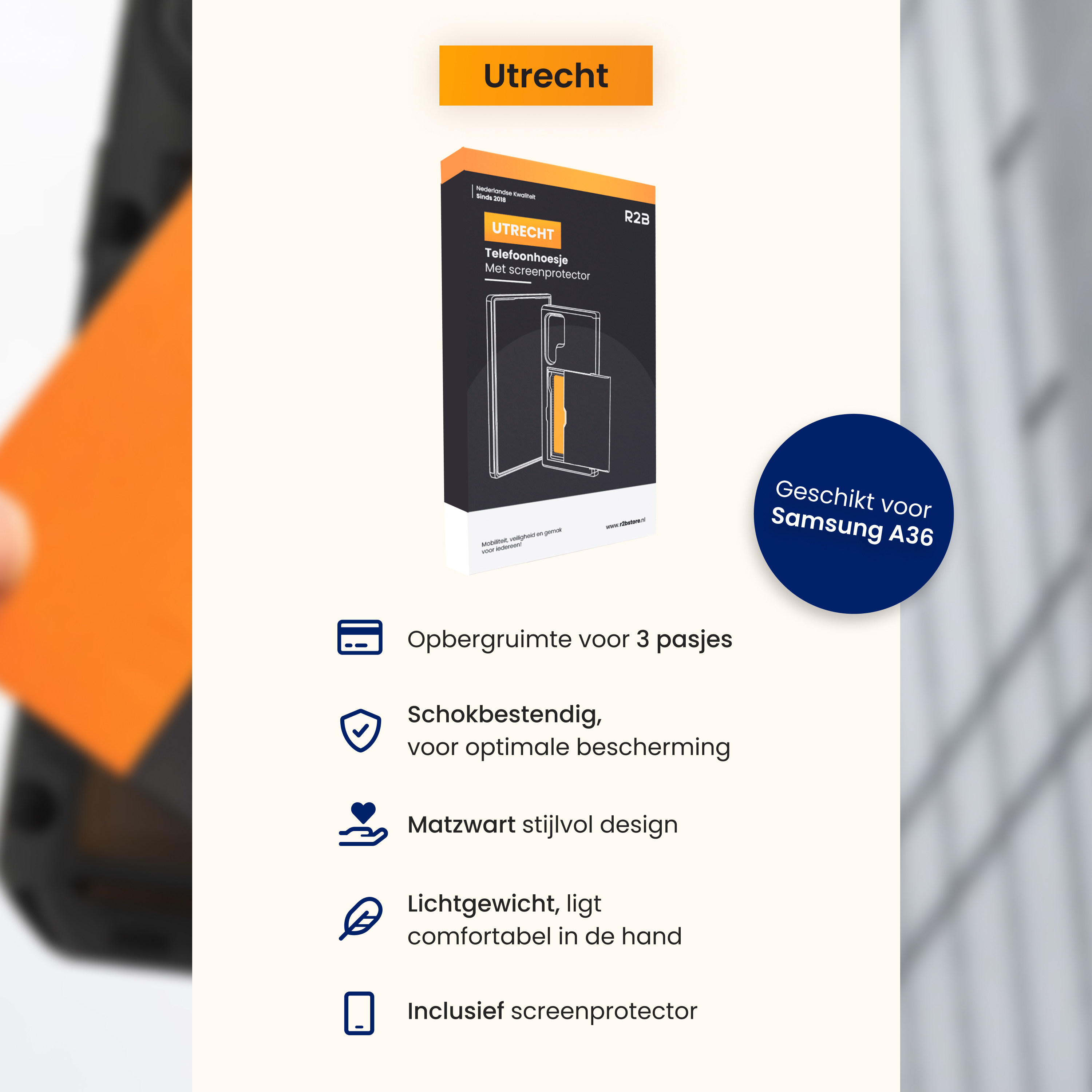 Produit de coque de téléphone en boîte avec icônes de fonctionnalités et texte: Utrecht. Pour Samsung A36.
