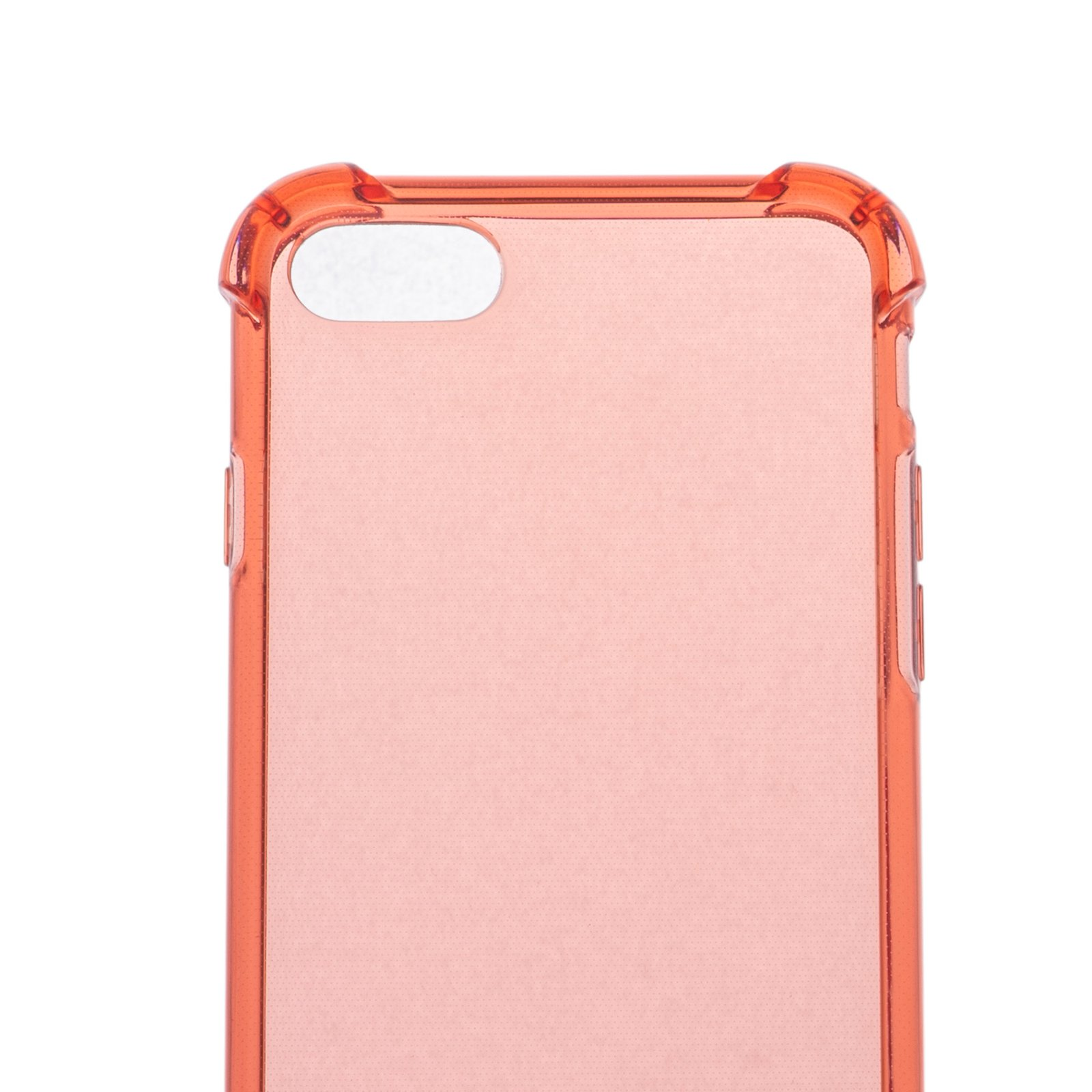 Funda de teléfono naranja, transparente, con recortes para cámara y botones, sobre fondo blanco.