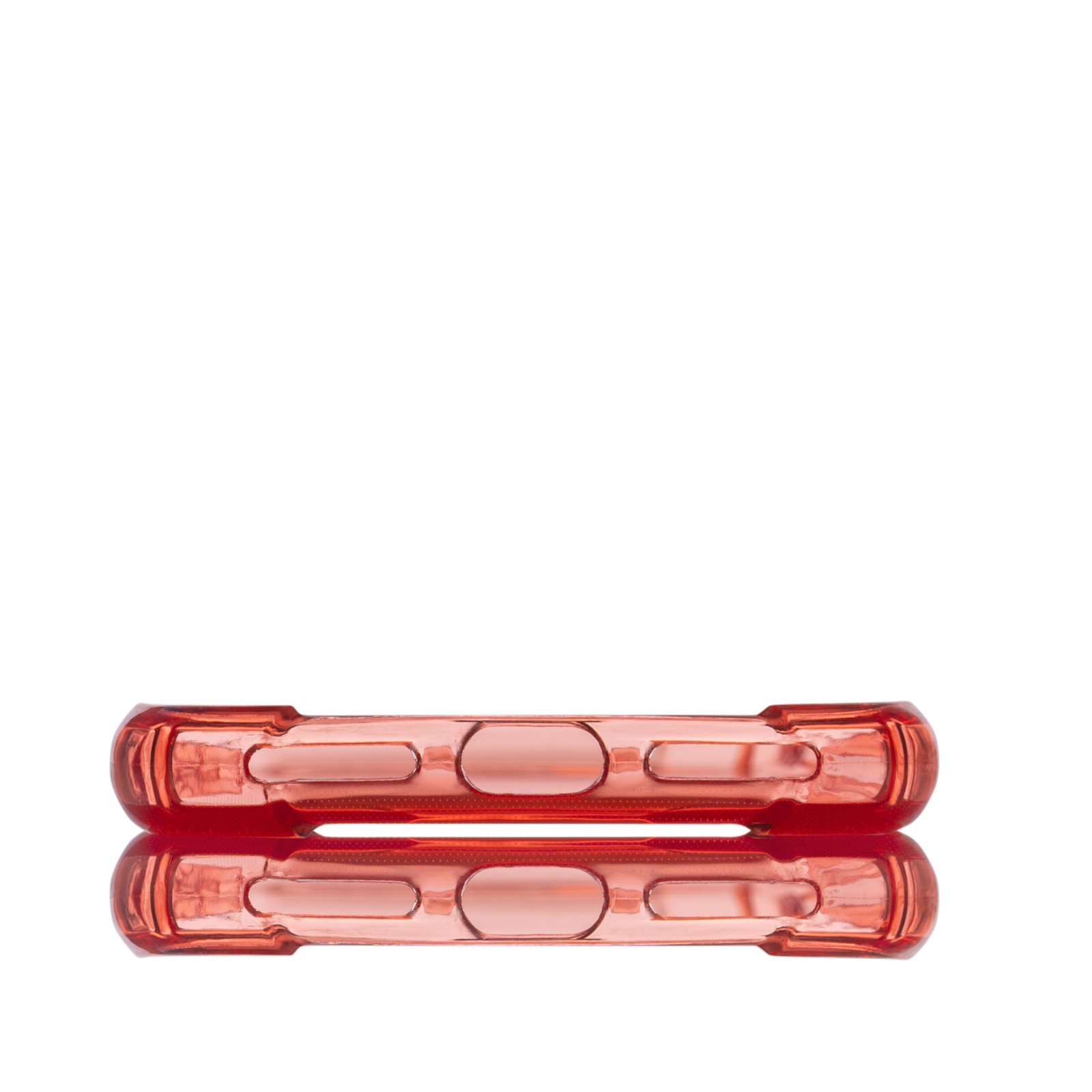 Funda de teléfono naranja transparente, vista desde abajo, reflejada en una superficie.