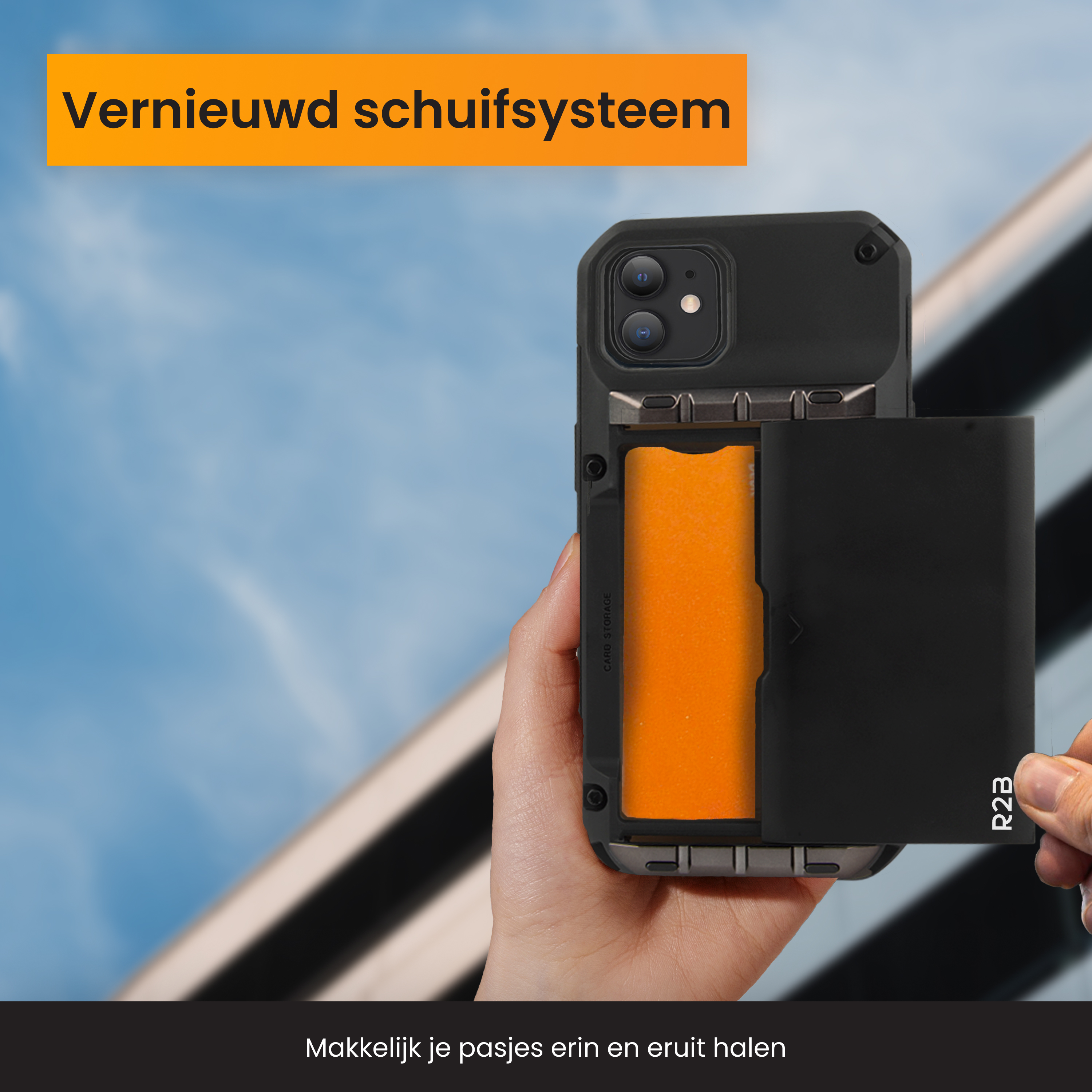 Une main faisant glisser une carte noire hors d'un étui de téléphone noir avec une carte orange à l'intérieur. Texte : Stockage de cartes.