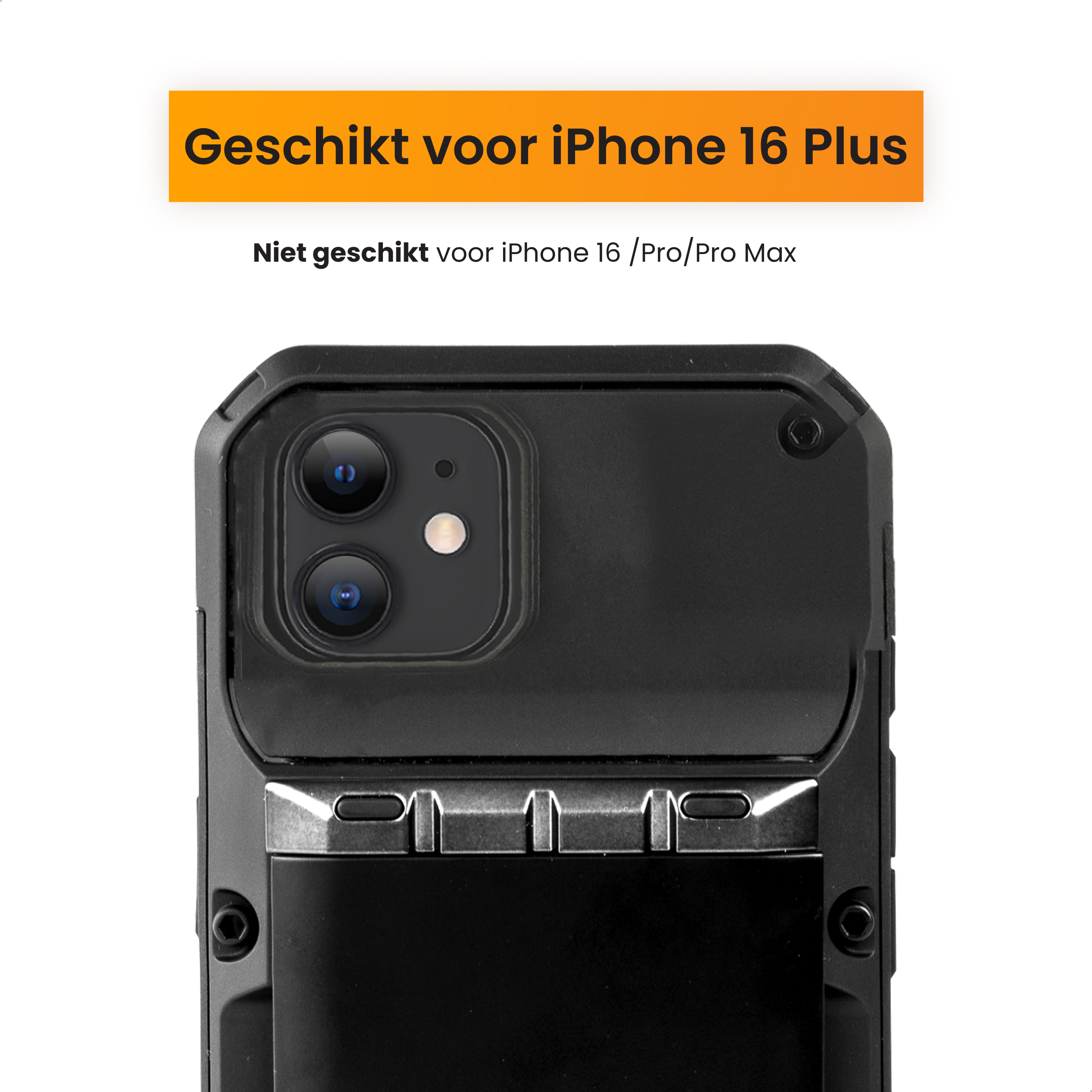 Coque noire avec téléphone à l'intérieur, texte: Convient pour iPhone 16 Plus, pas pour Pro/Pro Max.