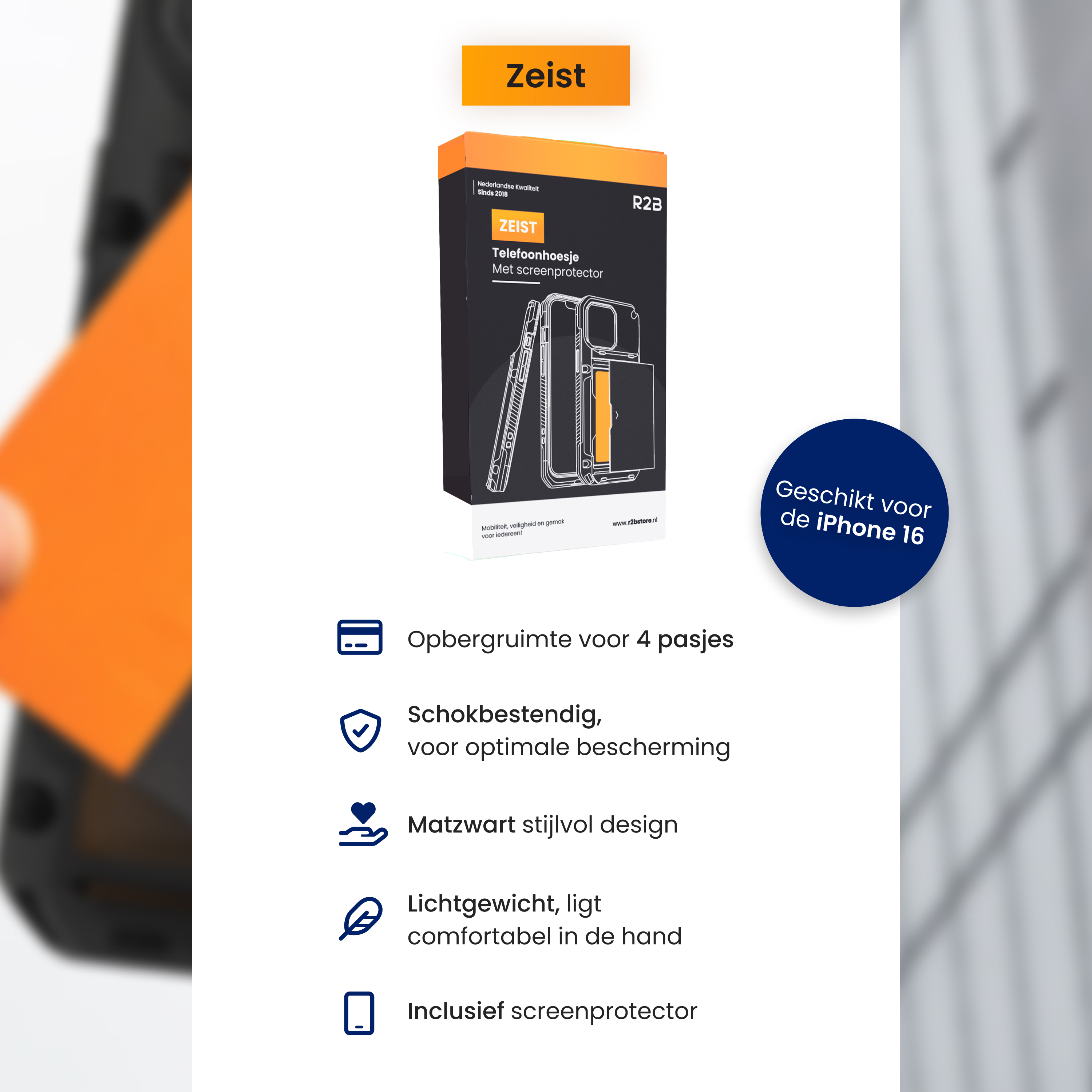 Produit de coque de téléphone en boîte avec icônes de fonctionnalités et texte: Zeist. Pour iPhone 16.