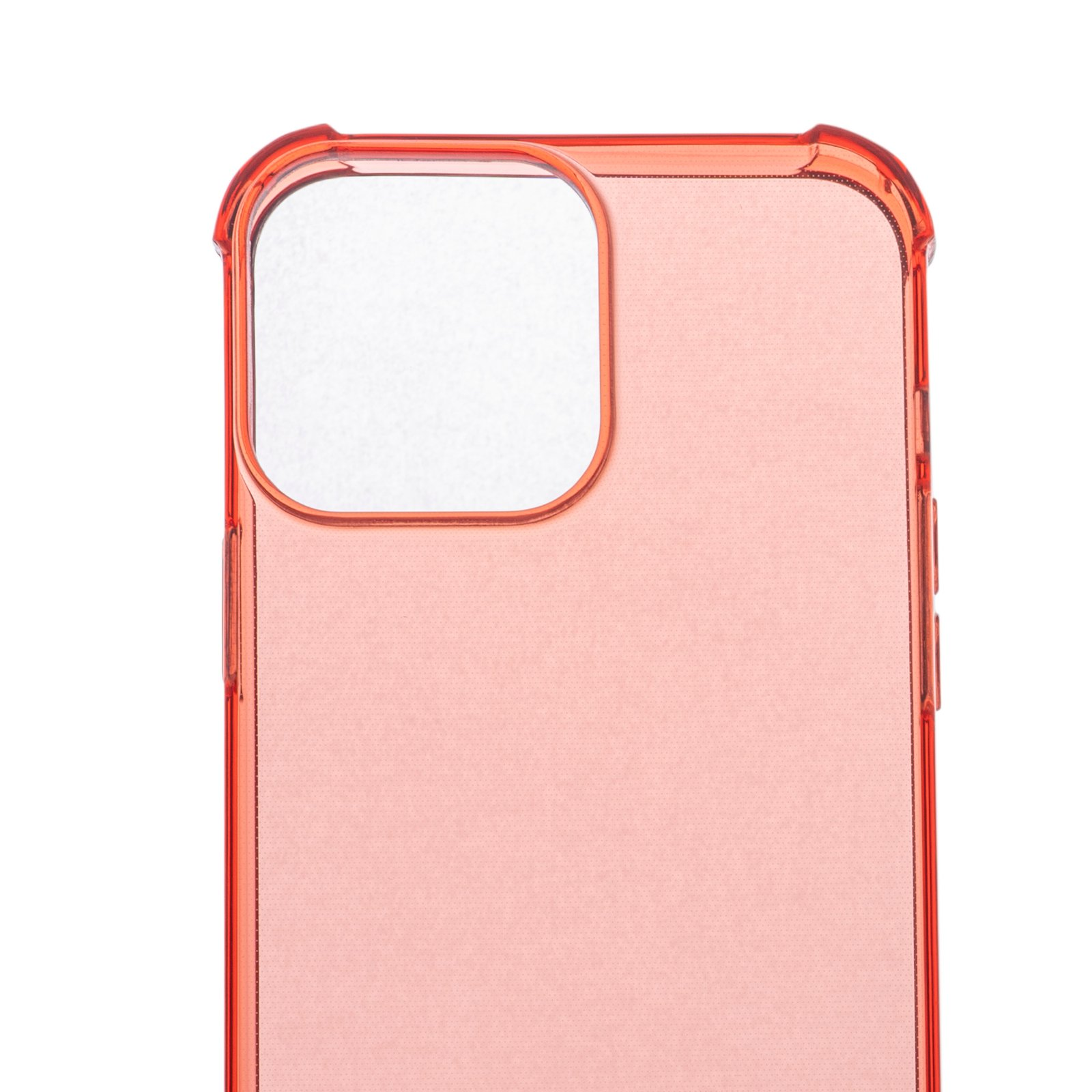 Primer plano de una funda transparente roja para teléfono. La funda rodea un teléfono con un espacio abierto para la cámara.