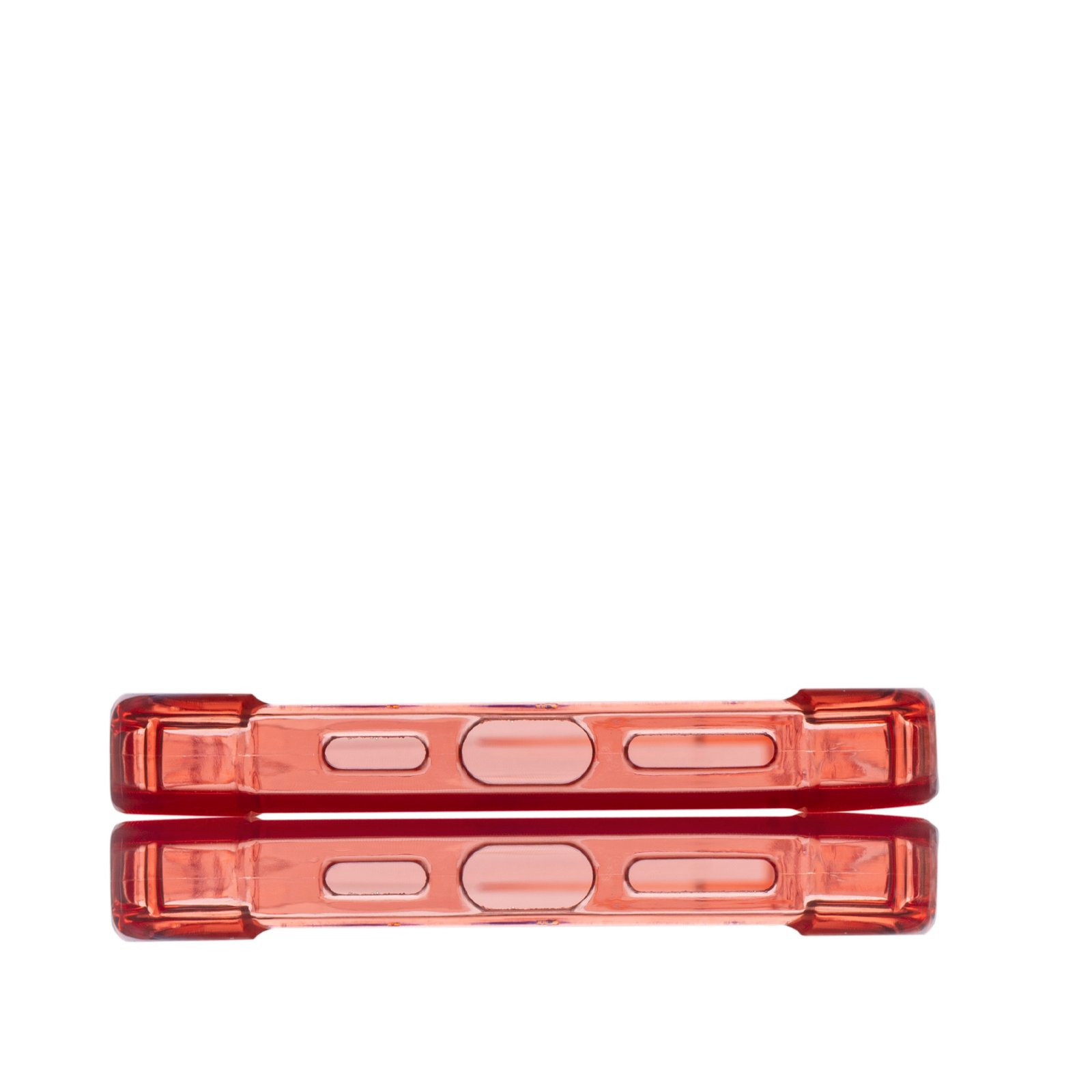 Dos fundas rojas transparentes, una reflejada. Son rectangulares con recortes para botones.