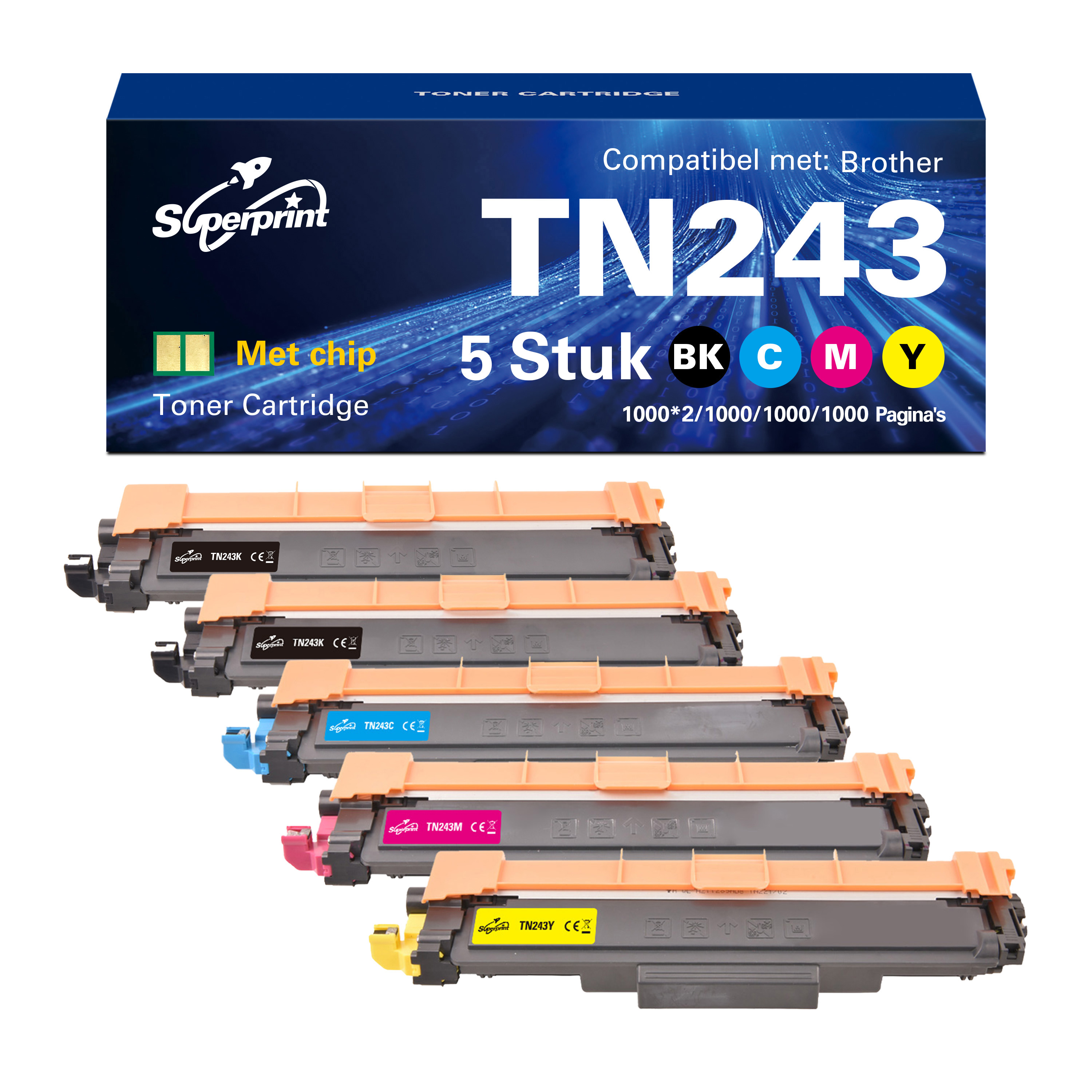 Cartouches de toner de différentes couleurs. Une boîte avec le texte TN243 est au-dessus des cartouches.
