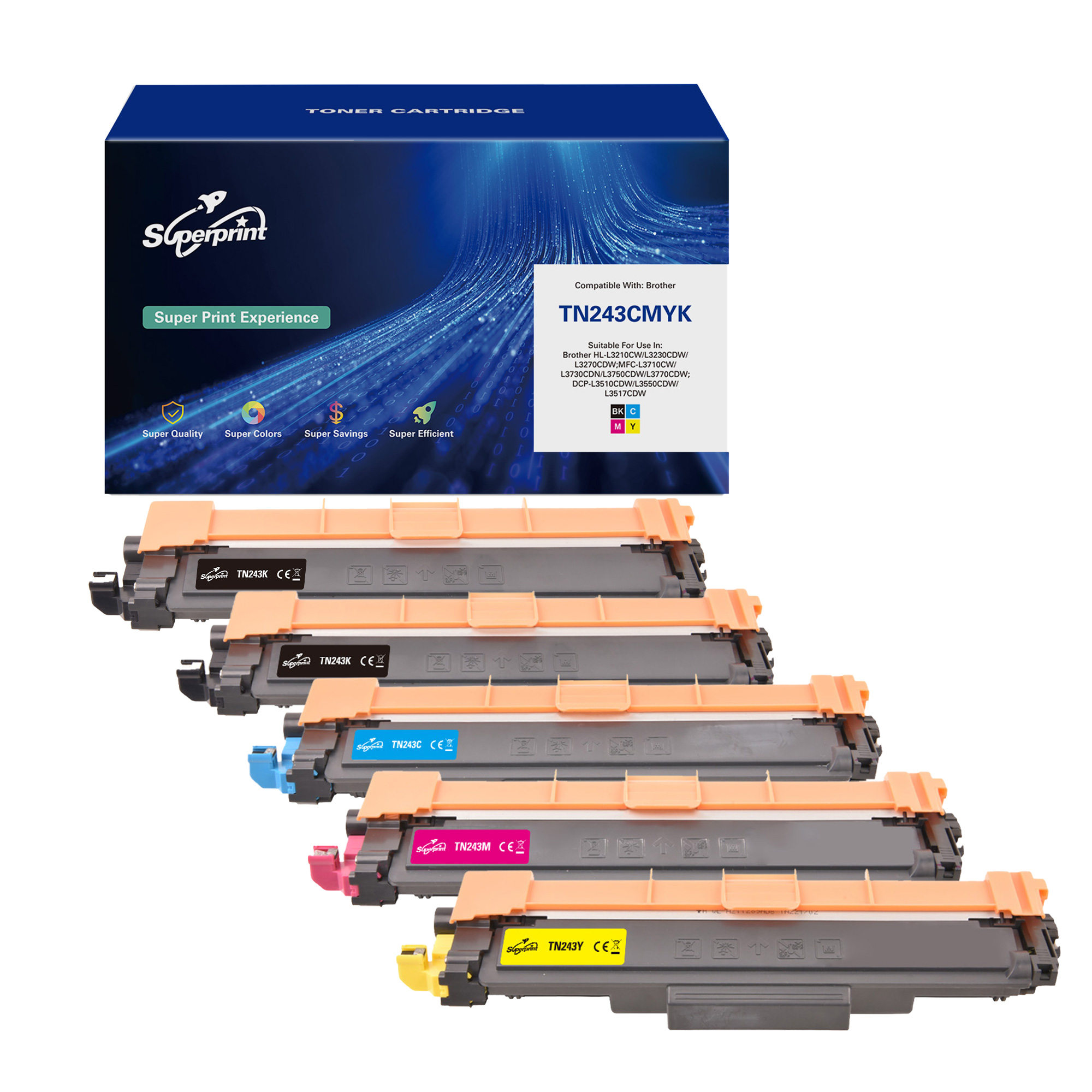 Une boîte de cartouches de toner avec six cartouches individuelles. La boîte dit Superprint et les cartouches sont colorées.