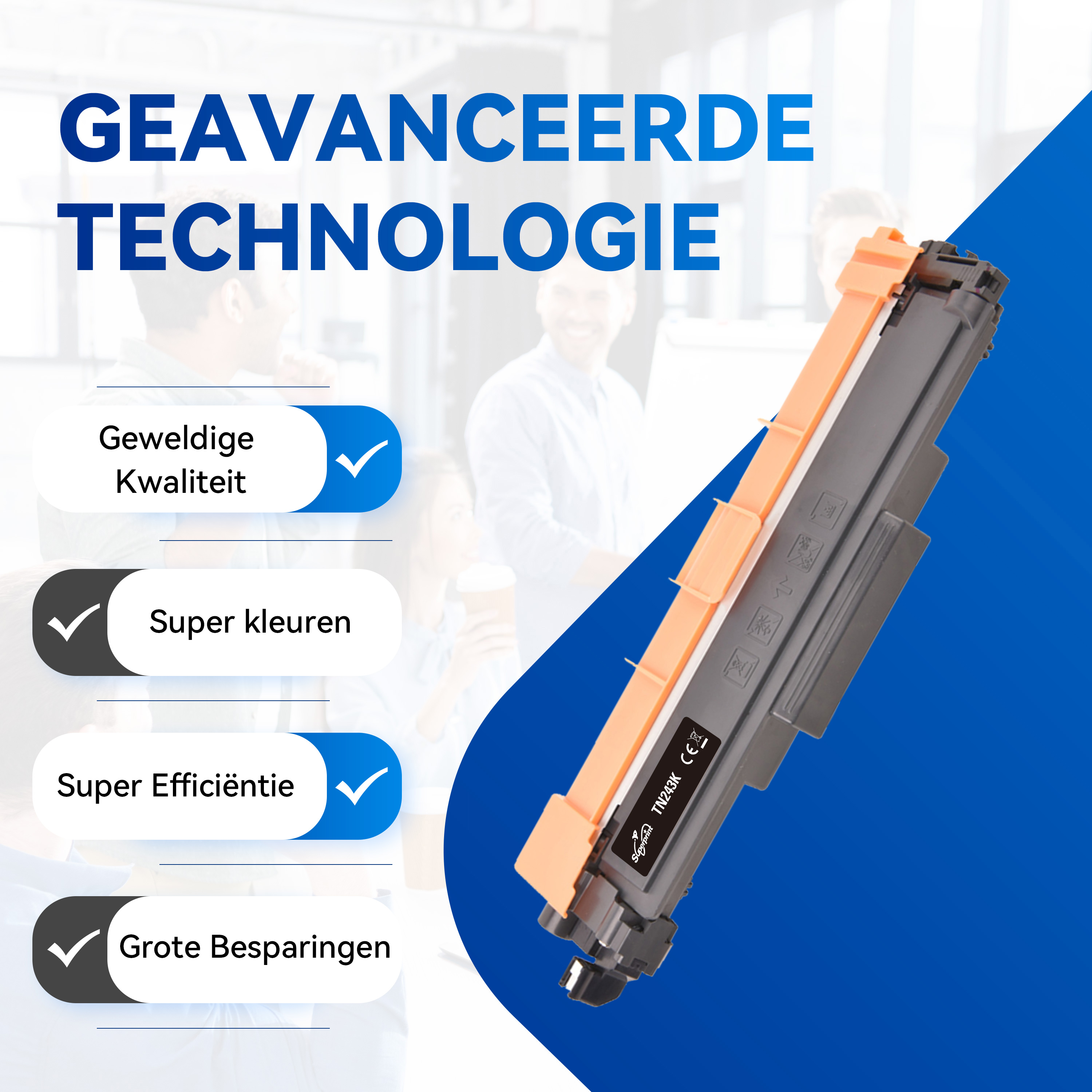 Une cartouche de toner avec des sections orange et noires. Divers détails sont affichés sur un fond bleu.