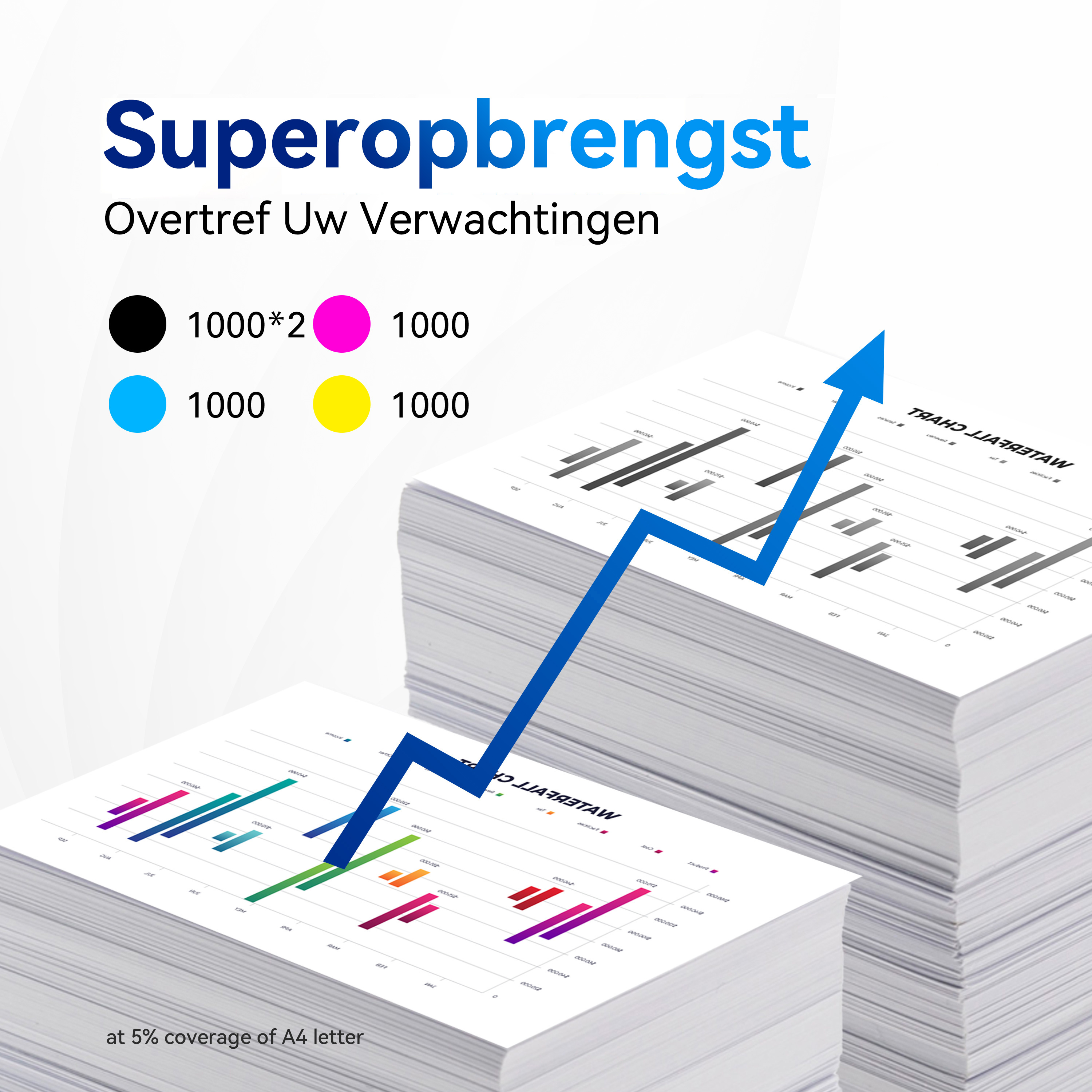Graphiques avec flèche bleue vers le haut. Texte: Super rendement. Couleurs : noir, bleu, rose et jaune.
