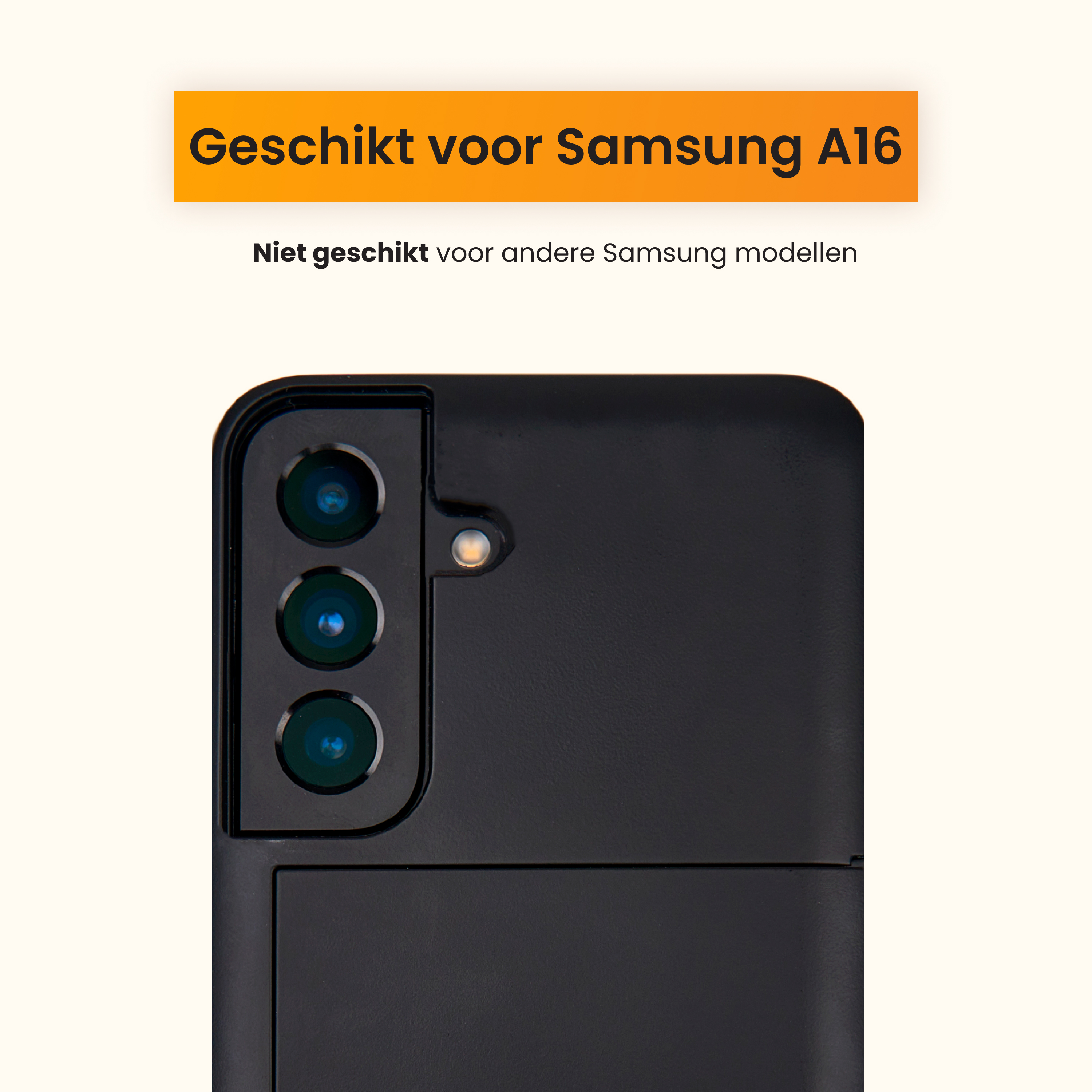 Gros plan d'un téléphone noir. La bannière orange dit: Convient pour Samsung A16.