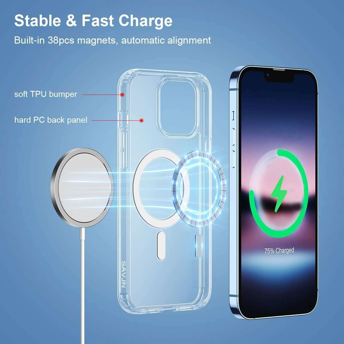 Funda de teléfono con teléfono dentro y cargador inalámbrico. El teléfono tiene un indicador de batería verde.
