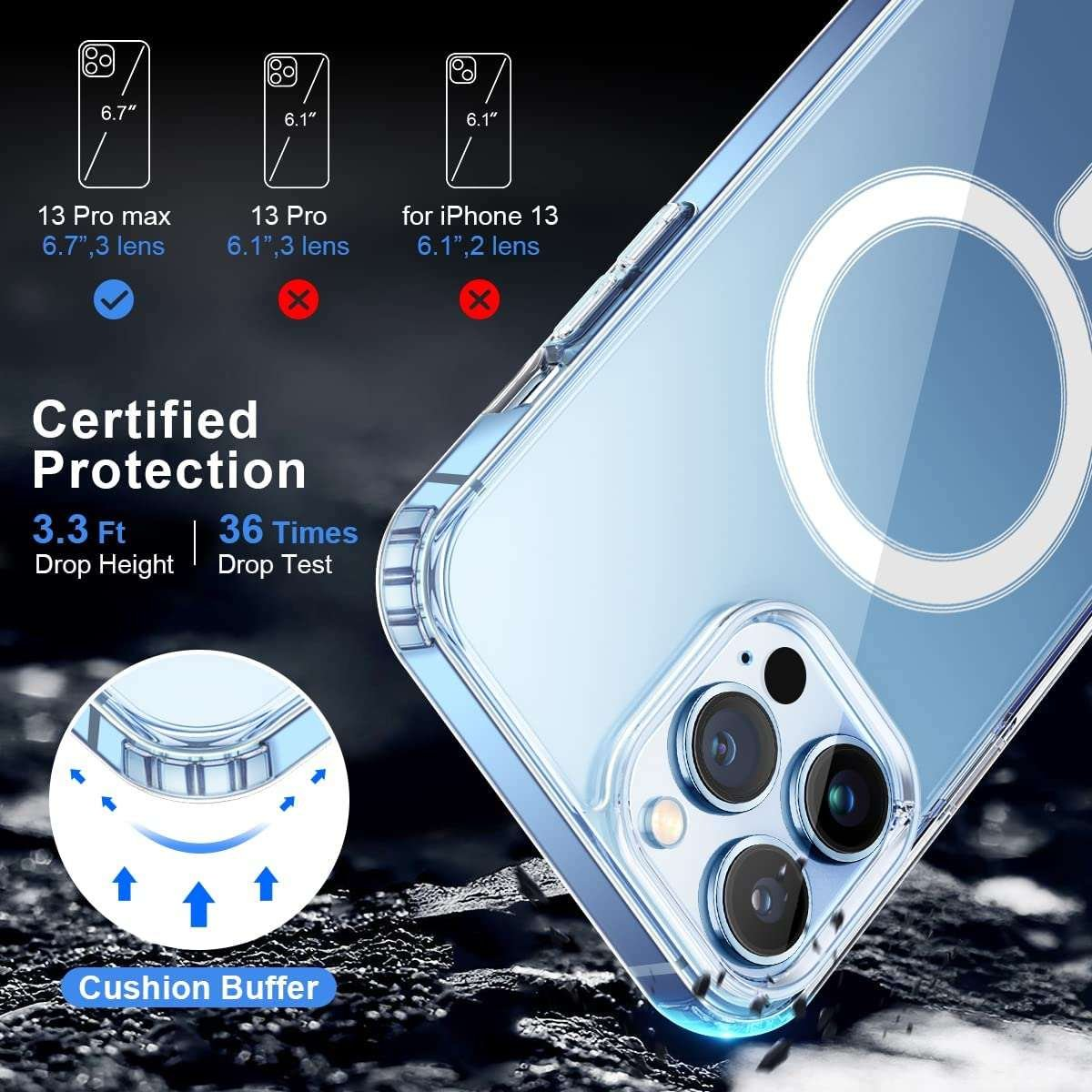 Funda transparente para teléfono con bordes azules, imán circular y gráfico de altura de caída y prueba.