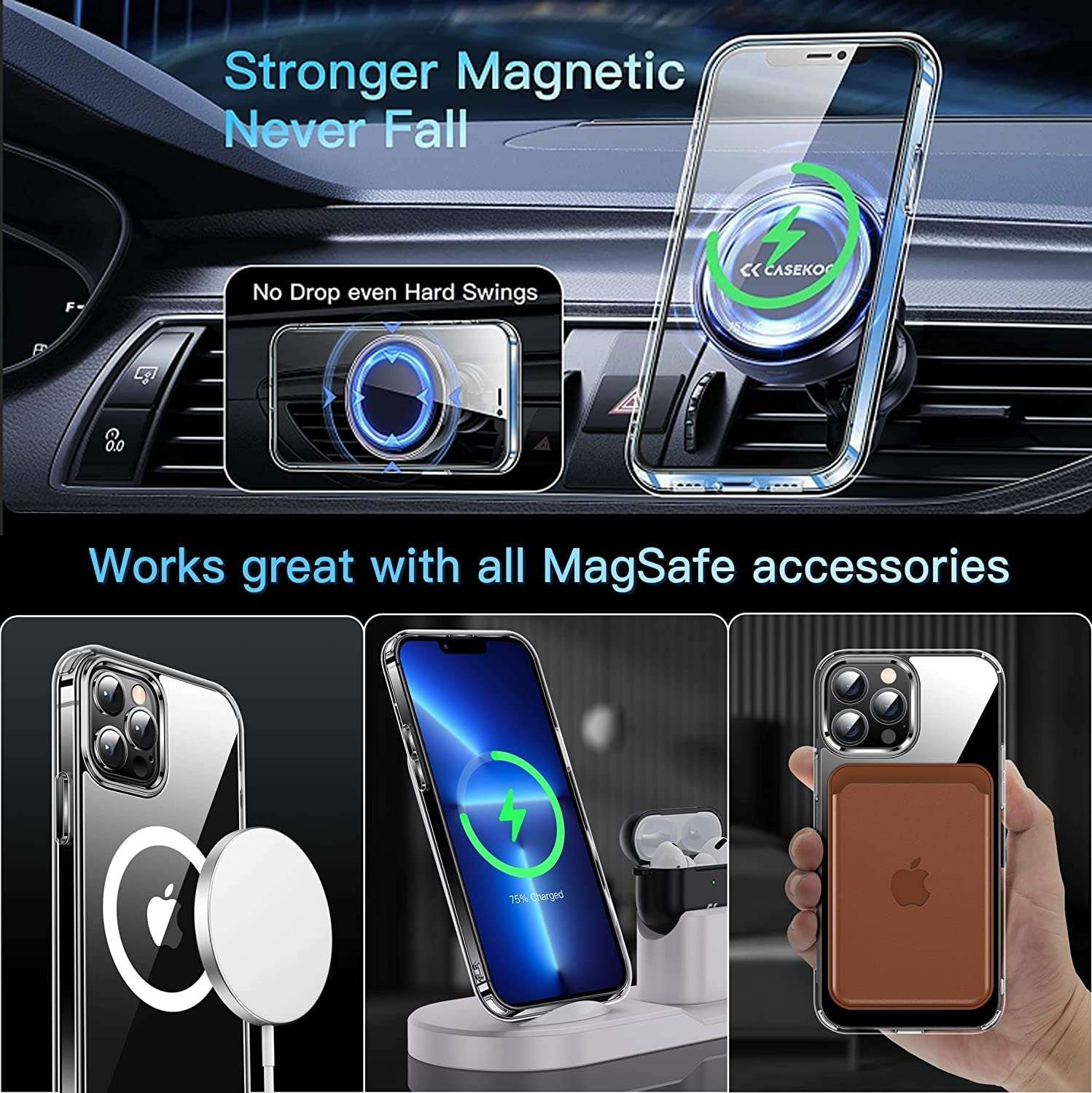 Un teléfono con una funda en el salpicadero de un coche, cargando con un cargador inalámbrico y otros accesorios.