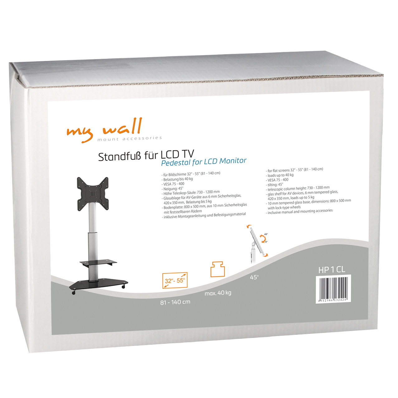 Weiße Box mit 'my wall' Zubehör für LCD-TV, mit Produktdetails und einer Standzeichnung.