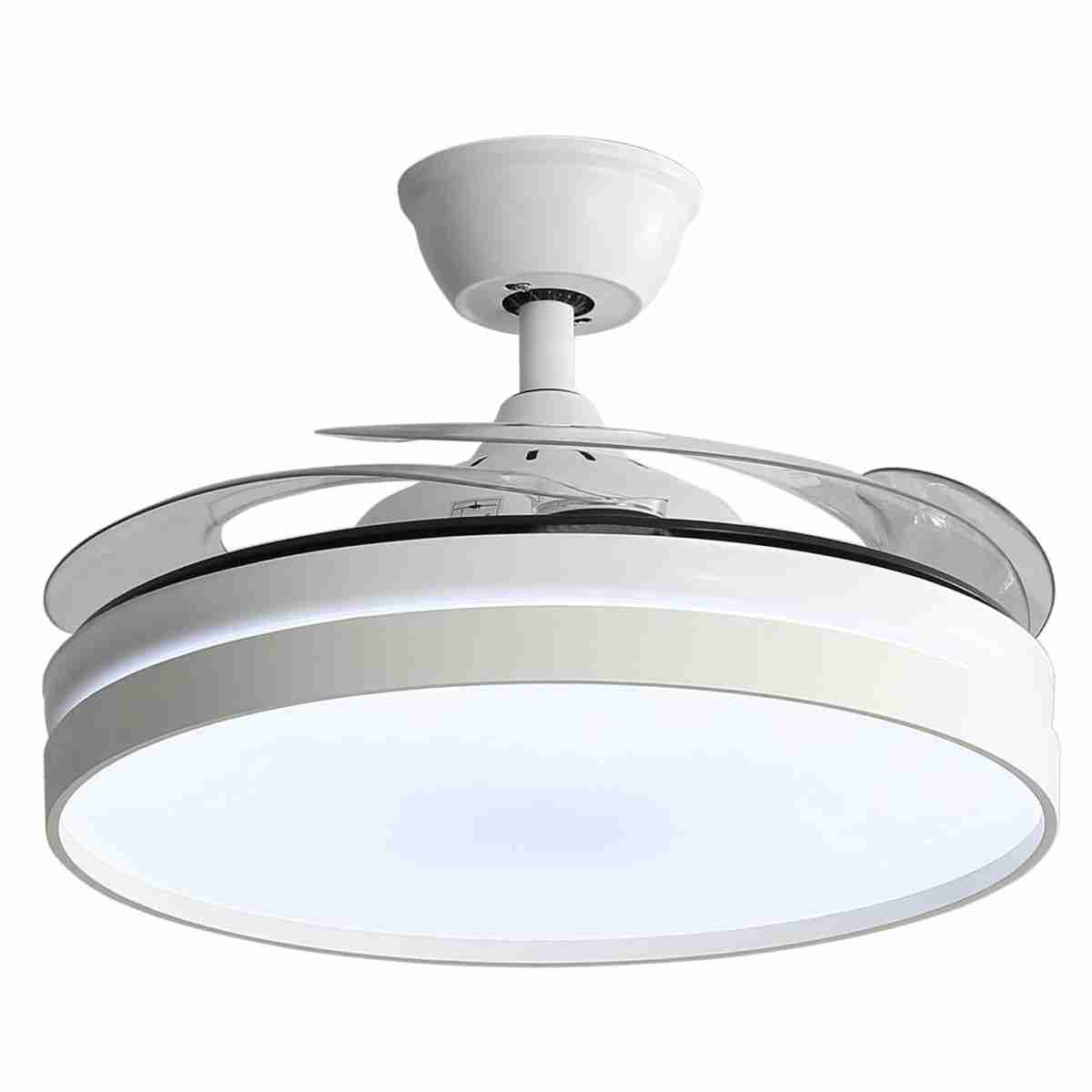 Un ventilador de techo blanco con luz LED circular y aspas transparentes. Las aspas están plegadas.
