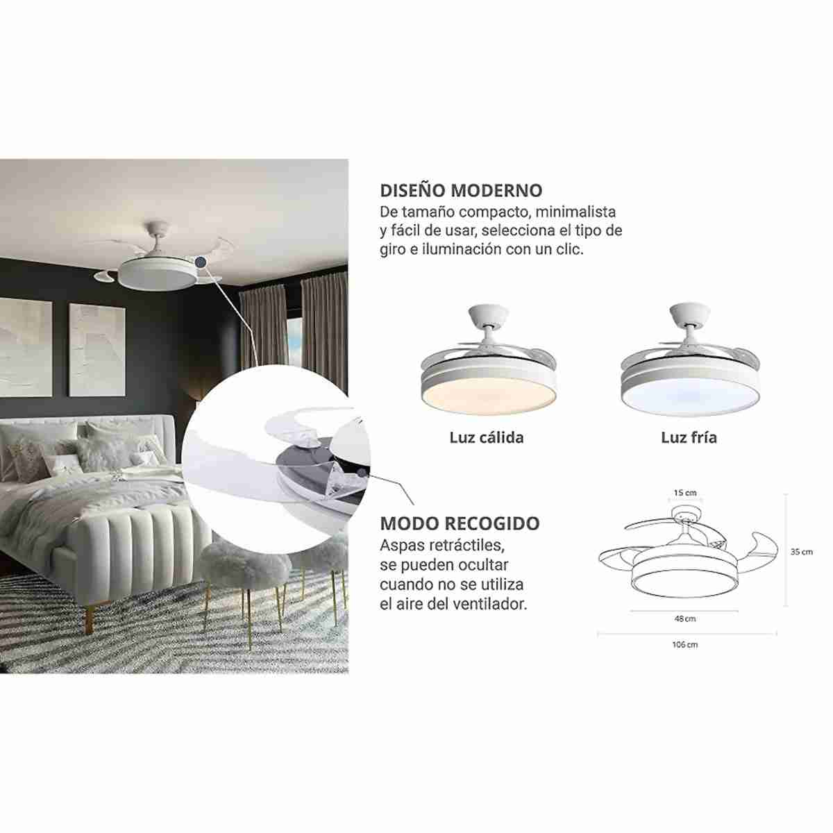 Diagrama de un ventilador de techo blanco con opciones de luz y dimensiones.