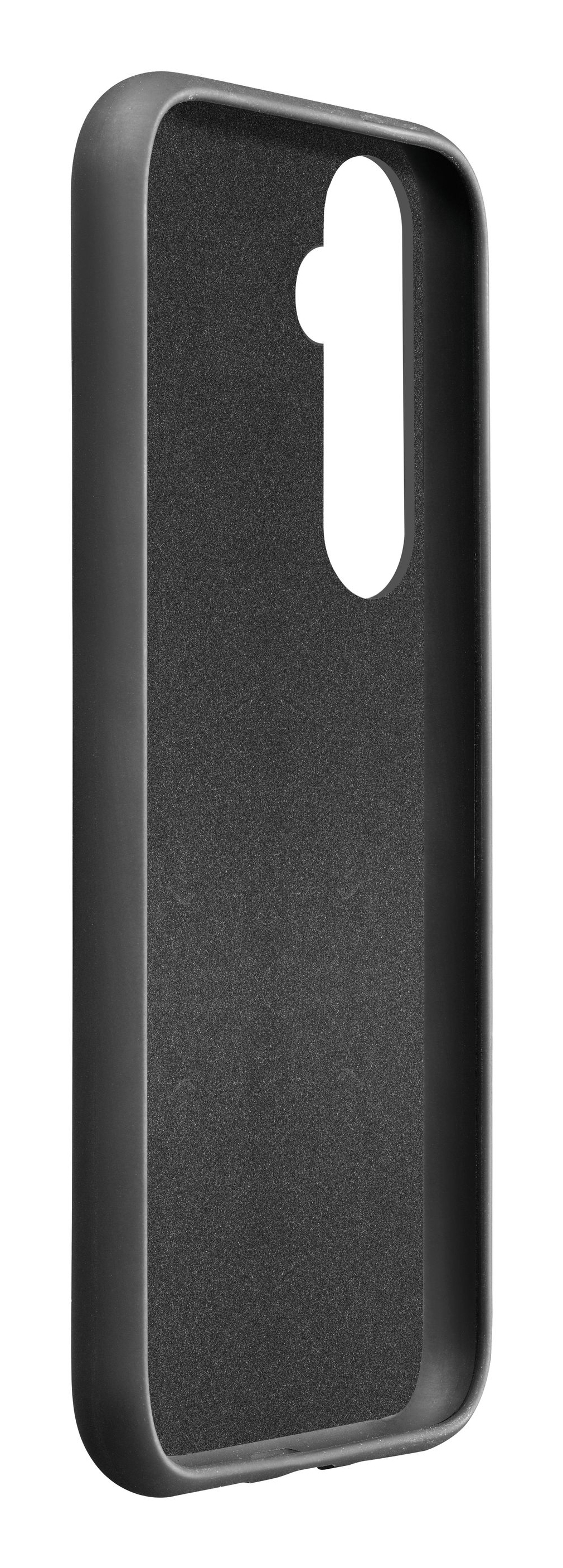 Custodia nera per telefono, vista interna. È un design semplice e aderente. Sfondo bianco.