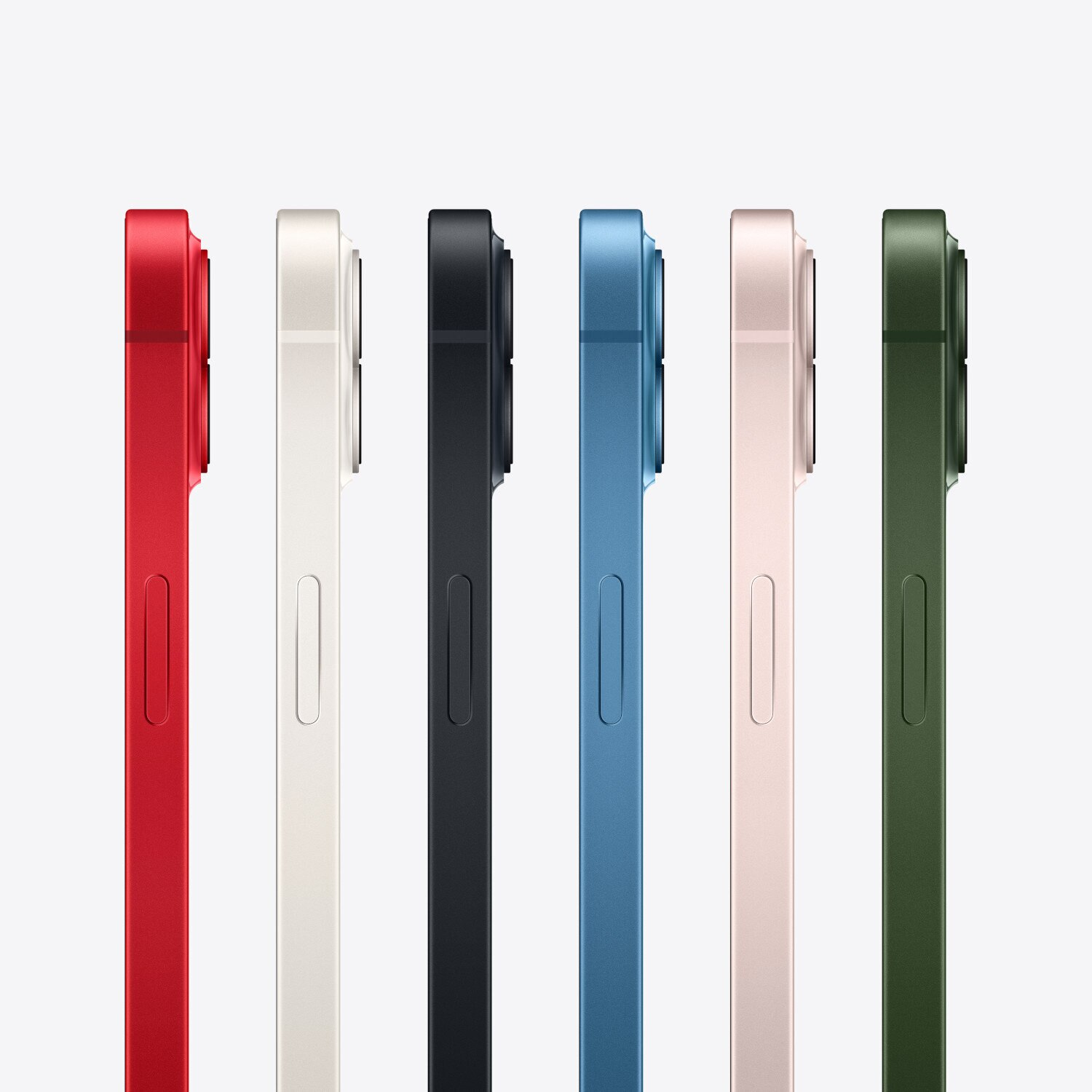 Vista laterale di sei smartphone in diversi colori: rosso, bianco, nero, blu, rosa e verde. Sfondo bianco.