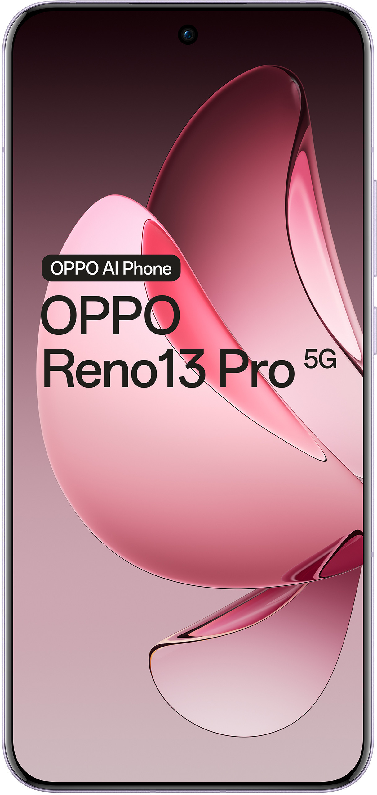 Widok z przodu telefonu OPPO Reno13 Pro 5G. Różowe abstrakcyjne tło, biały tekst.