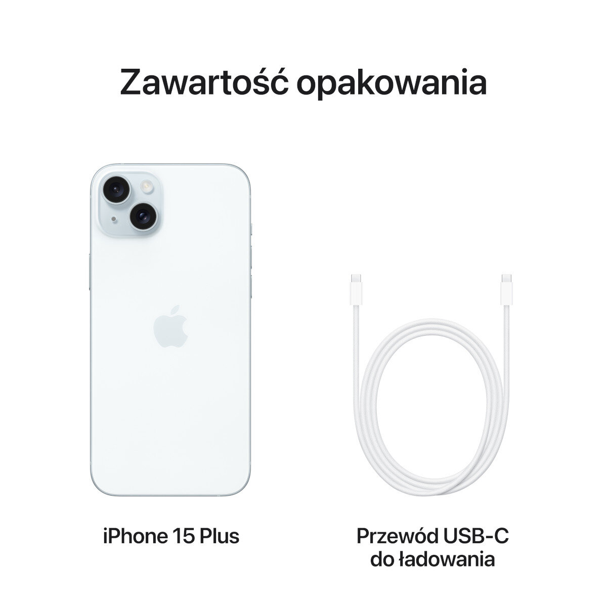 iPhone 15 Plus obok kabla USB-C. Oba na białym tle.