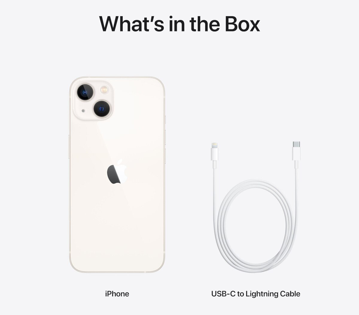 iPhone and USB-C to Lightning cable on a white background. Text: What's in the Box.