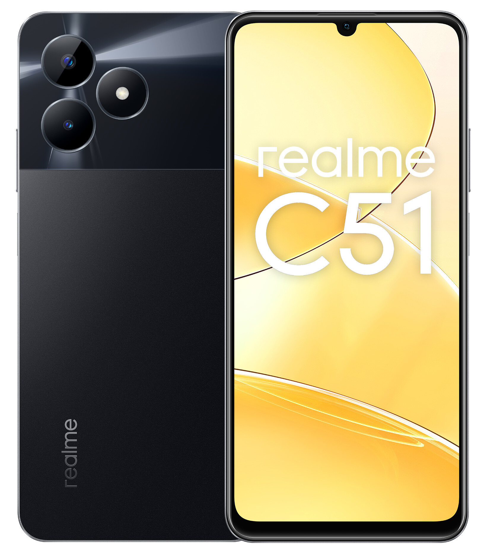 Czarny smartfon. Tył z zestawem kamer. Przód z logo 'realme C51'.