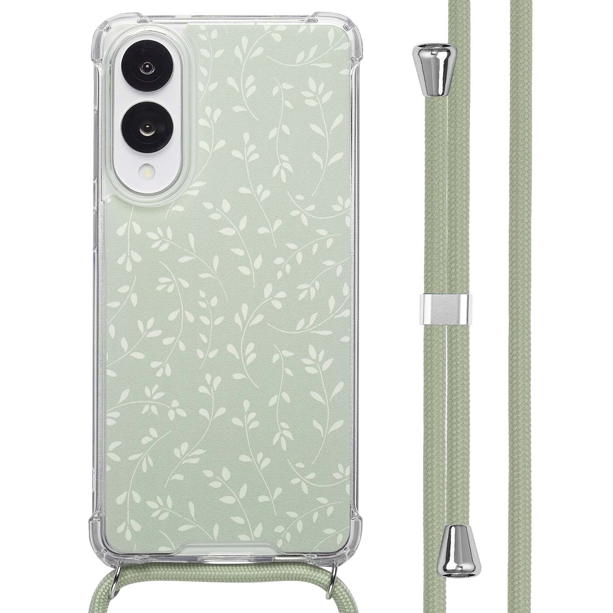 Telefono in una custodia con design a foglie, cinturino verde. Sfondo: superficie bianca.