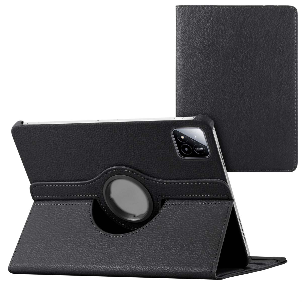 A black tablet case with a rotating stand.