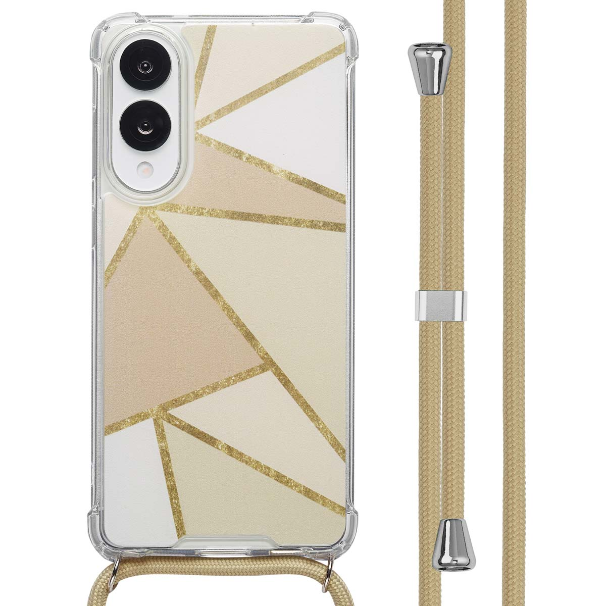 Una custodia per telefono con design geometrico e un cordino beige.