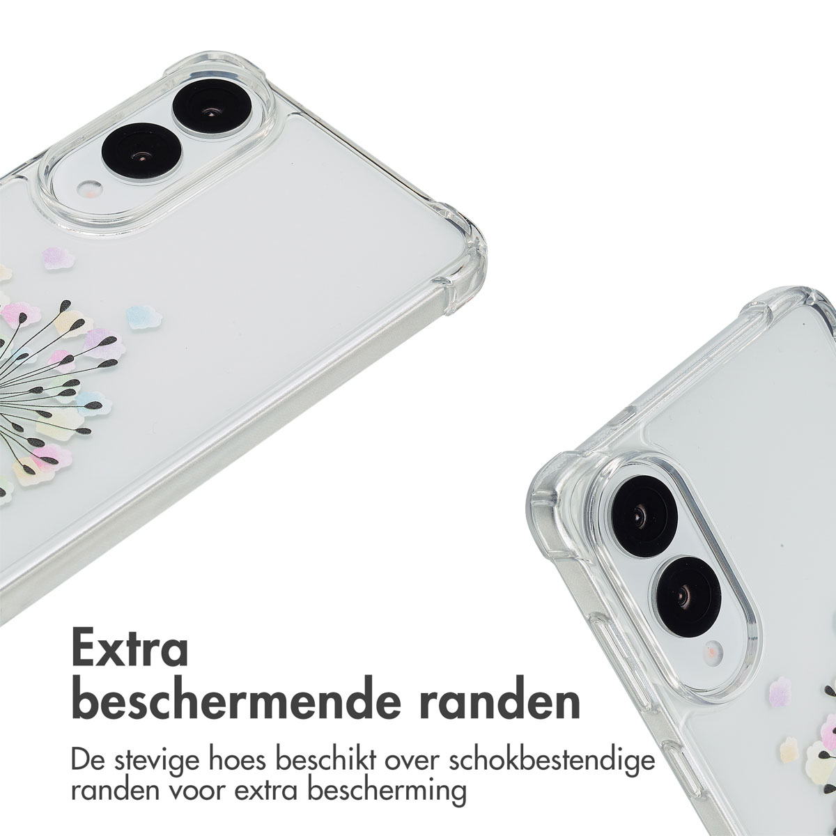 Twee telefoonhoesjes, een met een paardebloemdesign, tekst 'Extra beschermende randen'.