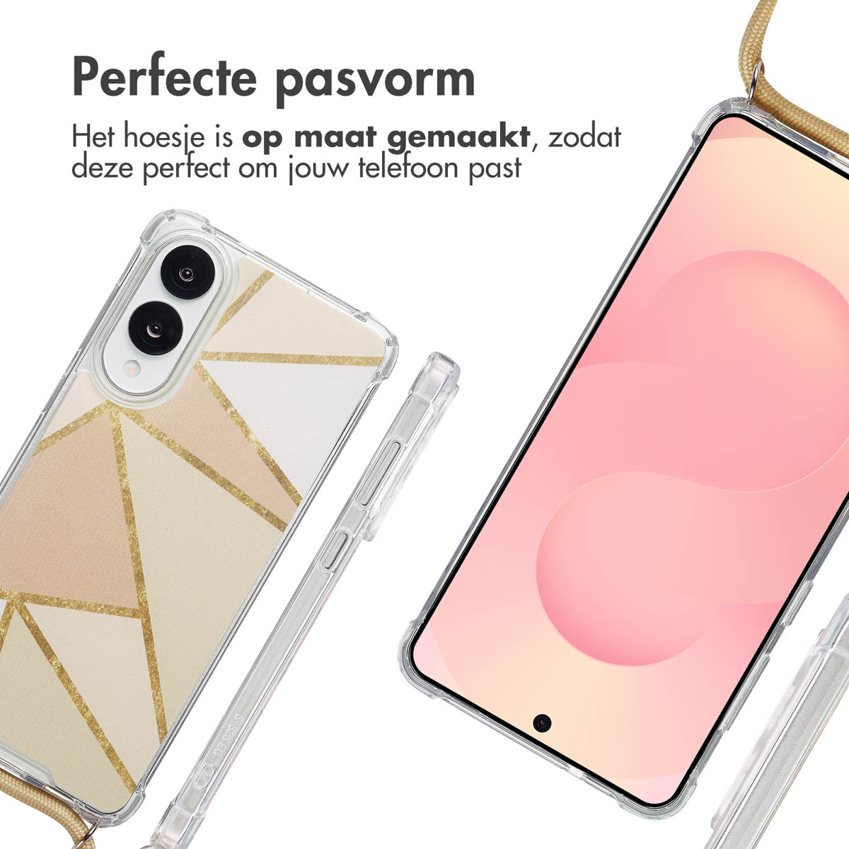 Una custodia per telefono con design geometrico su un telefono rosa con cordino beige.