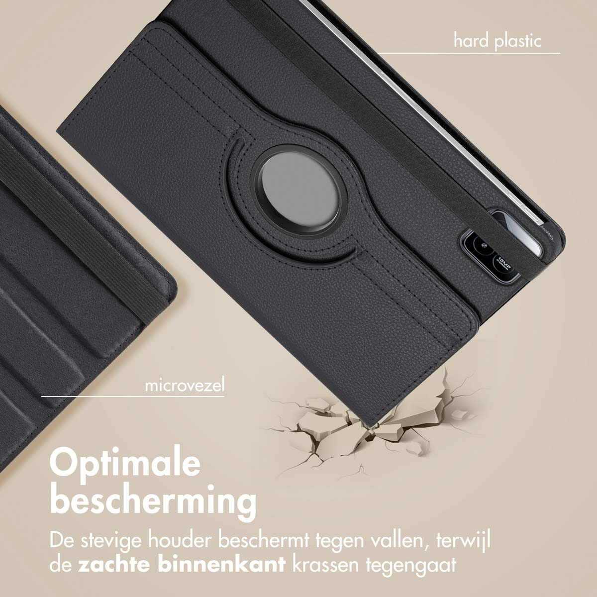 A black tablet case with a rotating stand and a microfiber interior.