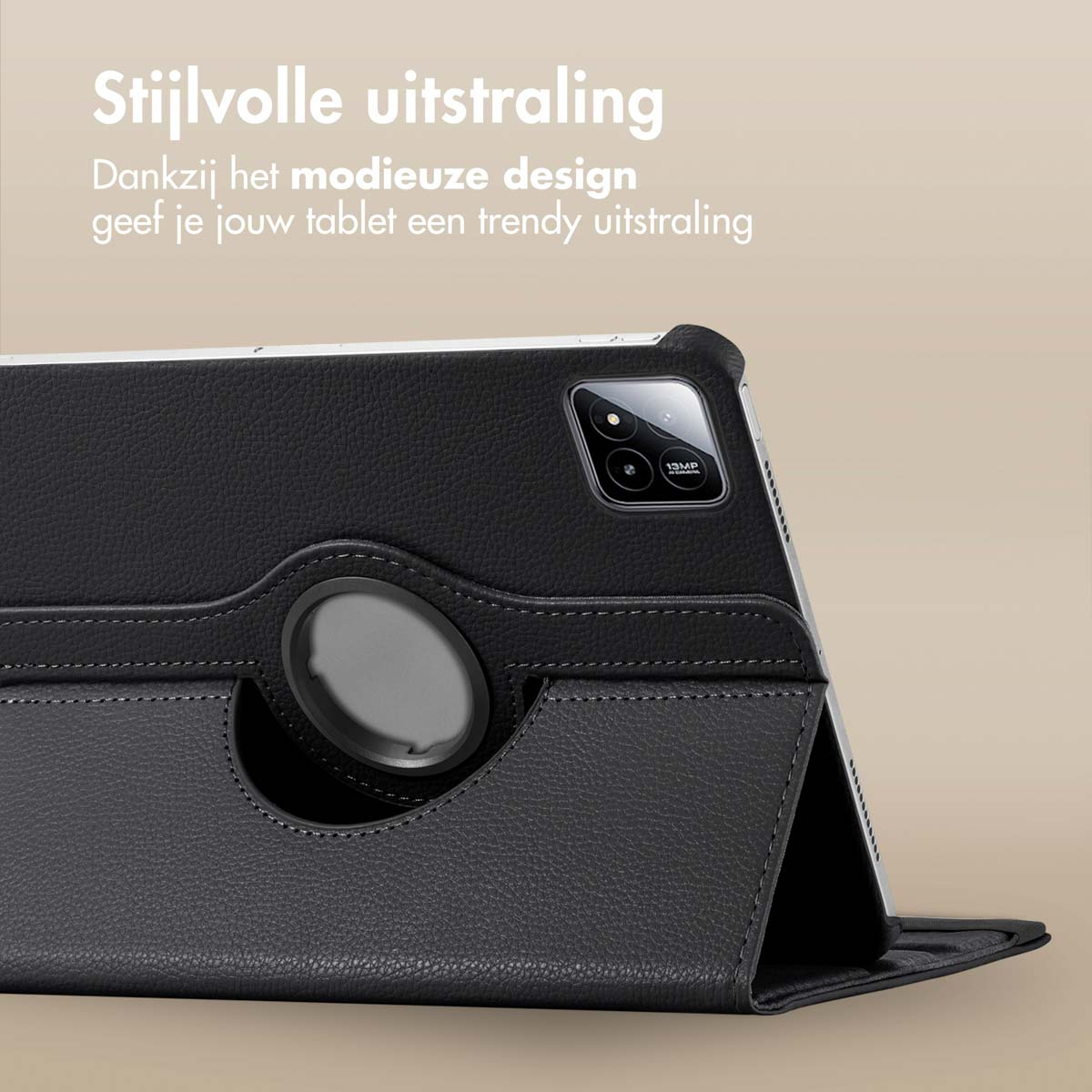 Black tablet case, open. Black camera lens and a tablet. Beige background.