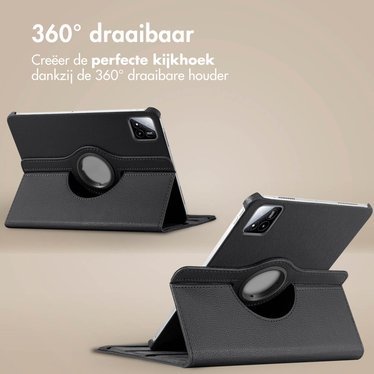 Tablets in a case, rotating. The case is black. The tablet supports 360 degree rotation.