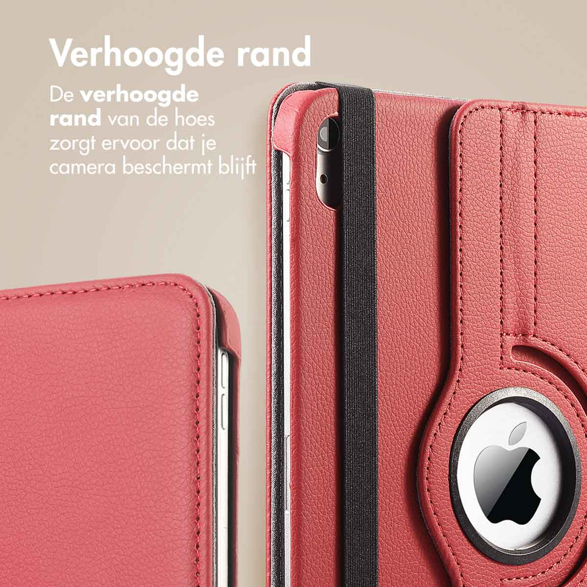 Close-up of a red tablet case protecting the camera, black elastic band visible.