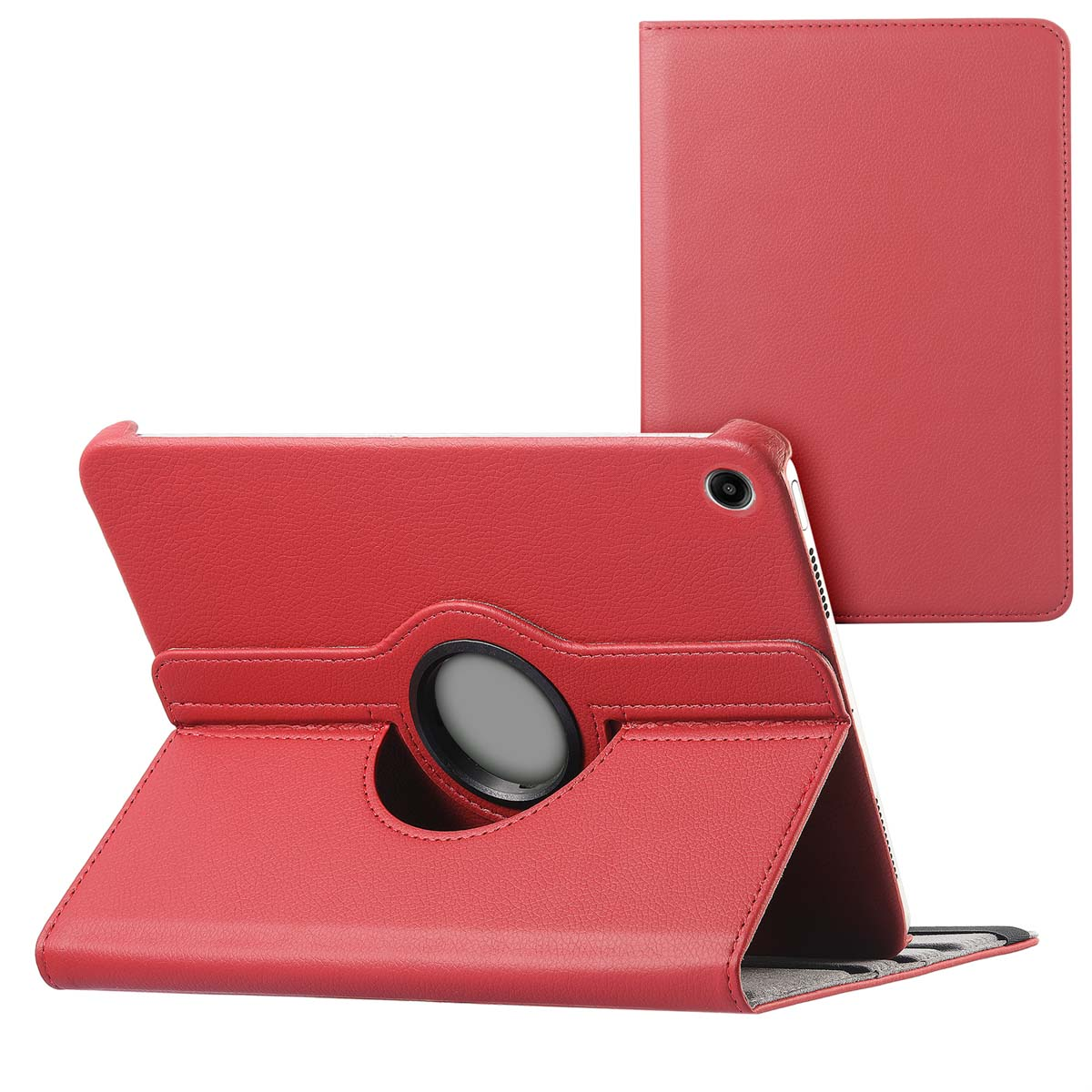 Red tablet case, open to display tablet inside. White background.