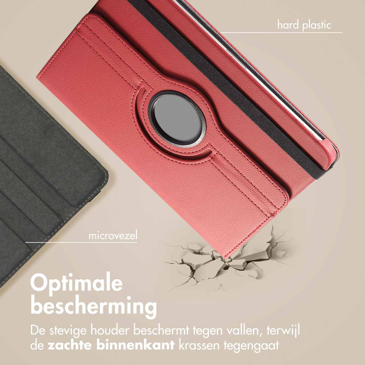Red tablet case, with a hard plastic frame, and a microfibre interior, with cracks.