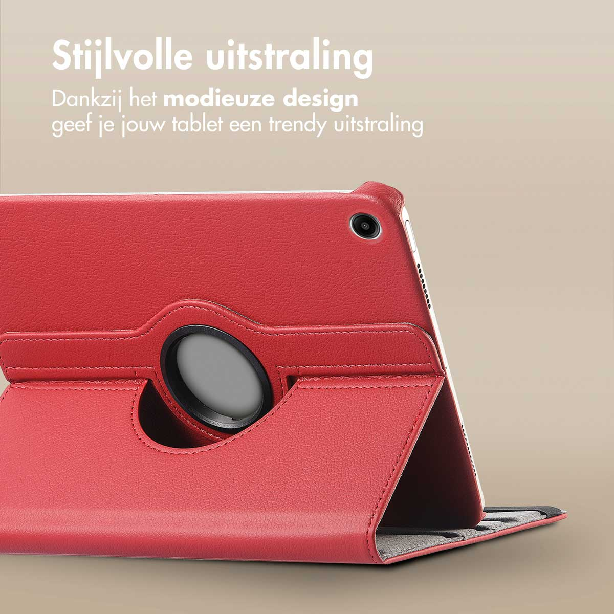 Tablet in red case, open. White screen, camera visible. Brownish background.