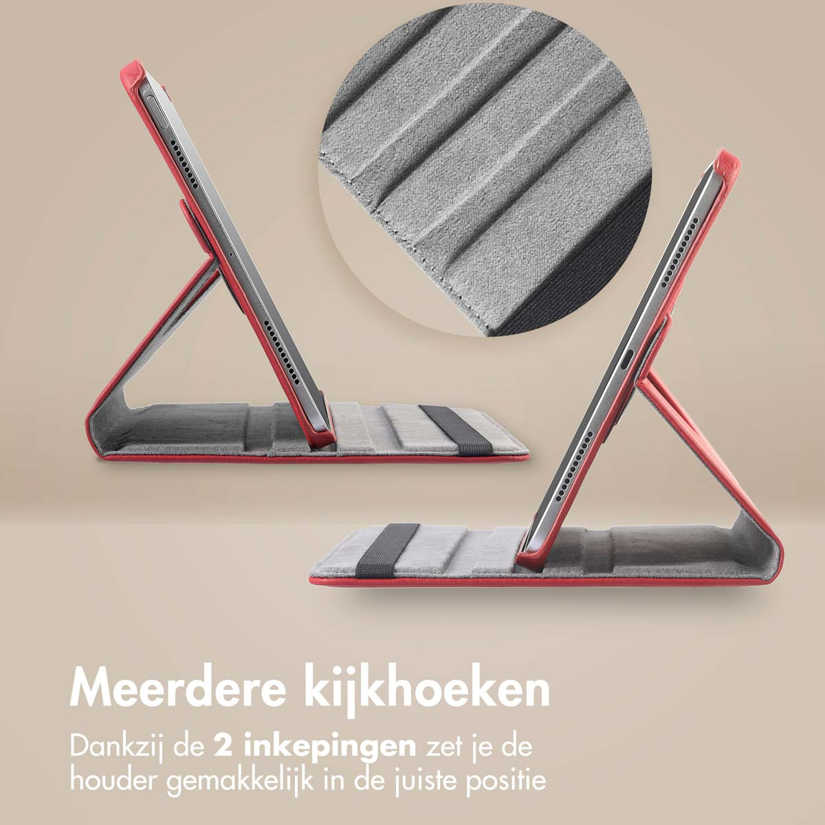 Two red tablet cases open, revealing a grey, ribbed interior, showcasing different angles.