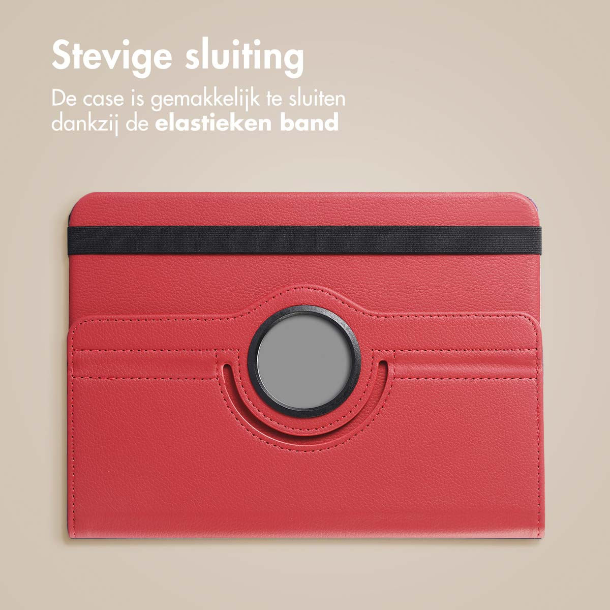 Red tablet case with black elastic band. Beige background, close-up shot.