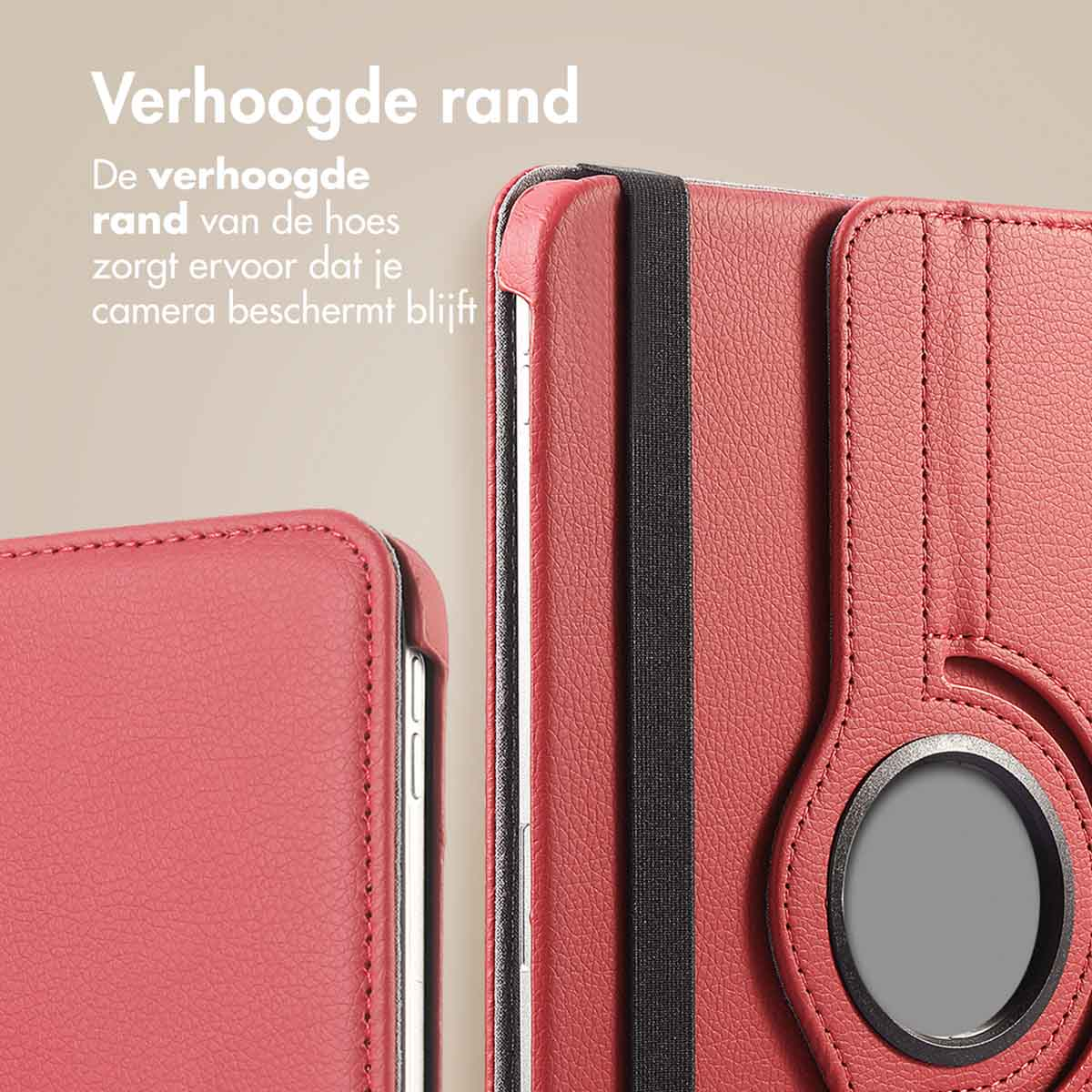 Close-up of red tablet case, black band, camera and a tablet. Beige background.